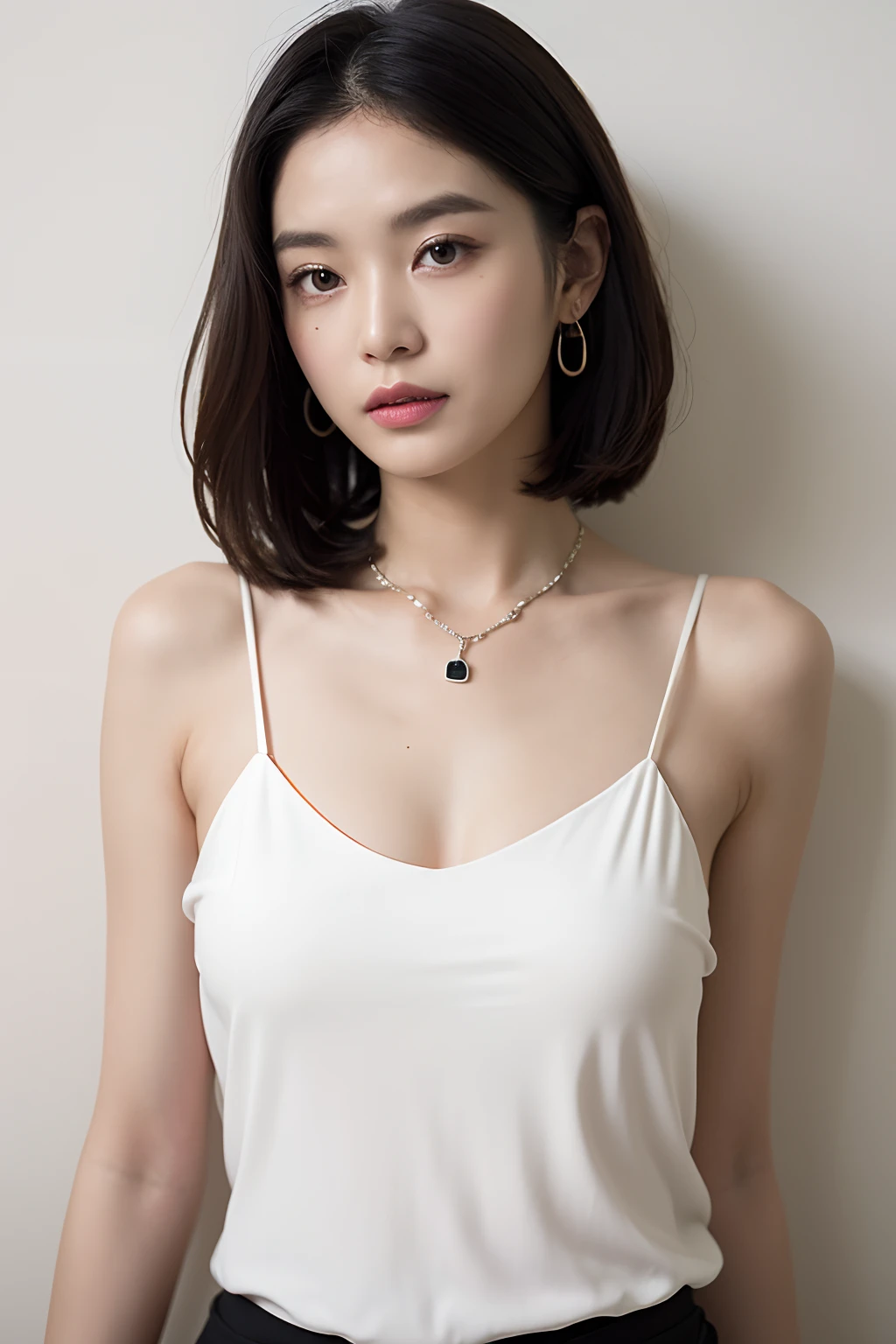 (extra detailed body、extra detailed face、best qualtiy:1.2)、femele、looking at the viewers、(Wacky fashion、Large shoulder-length piercings、a necklace、Contrasting purple, white and black clothing、asymmetry)、(Ivory wall)