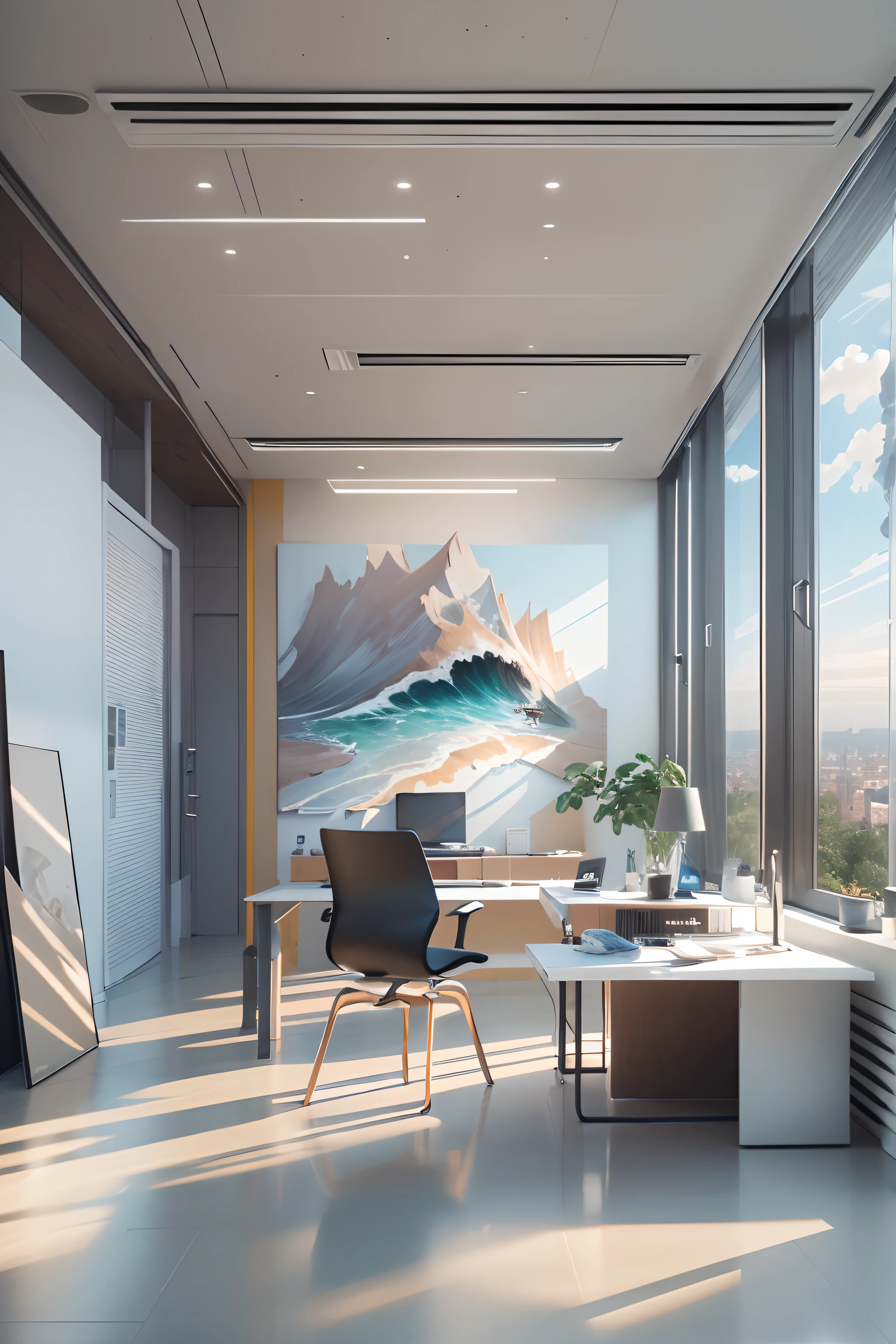 office room,There is a wall in the middle of the office,The painting on the wall is in the middle, Paintings on the walls, skyscape, Large airy windows, Zaha Hadid and Santiago Calatrava landscape panoramic style, Fish, Clear light, Edge lighting, Perfect image, Building summary style, 16k UE5. superfine, 8K, hdr, Product photography, Depth of field, Nikon D850, Ultra-realistic, no contrast, clean sharp focus, professional, No blurring