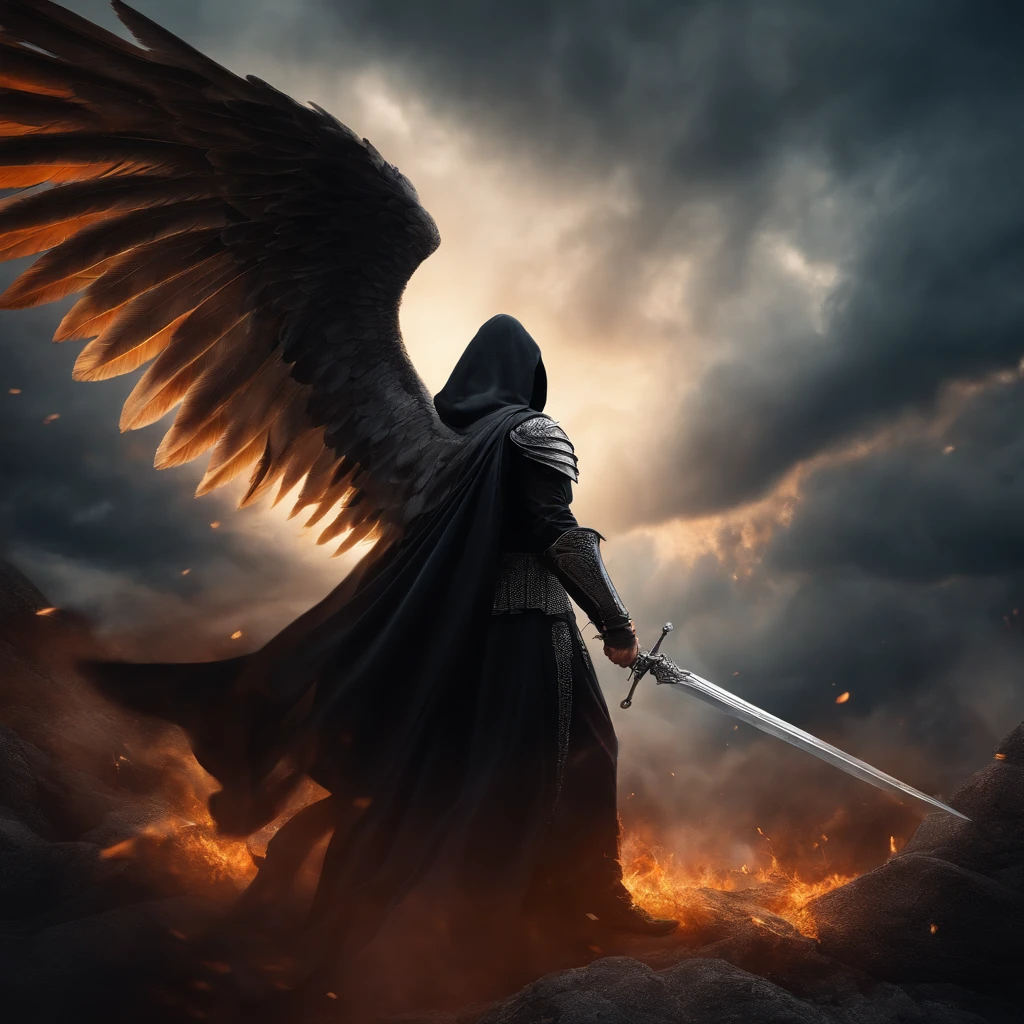 Realistic, 4K, Angel with big wings, Black clothes, One sword, Hood in war background image (the chaos)