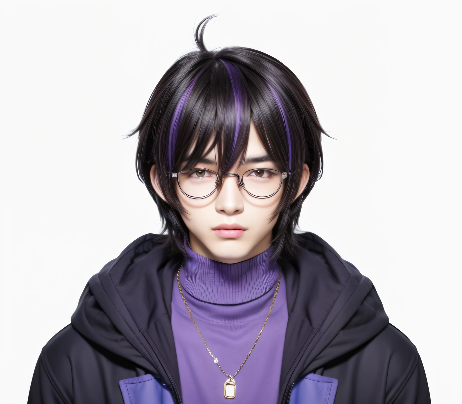 boy with glasses and purple sweater and necklace, young anime man,