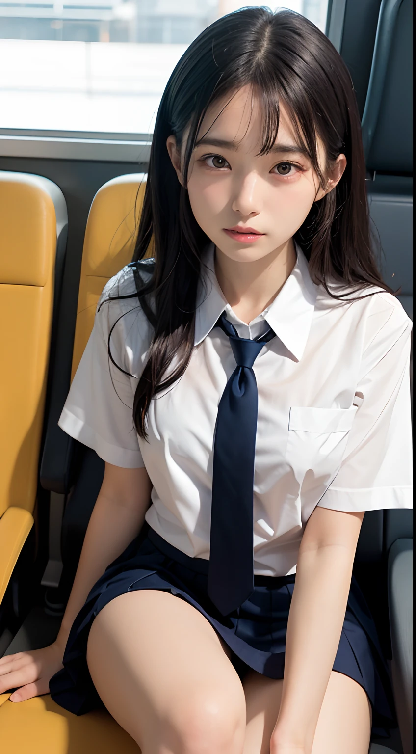 (masutepiece, Best Quality:1.2), 8K, , 85 mm, Official art, Raw photo, absurderes, White dress shirts, Pretty Face, close up, Upper body, violaceaess, gardeniass, Beautiful Girl, School uniform, (Navy pleated skirt:1.1), Cinch West, thighs thighs thighs thighs, Short sleeve, on train, Sitting on a bench seat, Looking at Viewer, No makeup, (Smile:0.4), Film grain, chromatic abberation, Sharp Focus, face lights, clear lighting, Teen, Detailed face, Bokeh background, (dark red necktie:1.1)