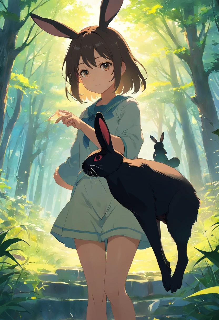 Met in the forest(One girl with cute black rabbit and blonde hair love at first sight!), (She chases a black rabbit), It was a rabbit wonderland!Adventures with the Black Rabbit, Changing Wonderland for the Brightest。At last、The bond between the black rabbit and the girl、She is full of joy and gratitude.、Leaving Wonderland Behind、Memories with the Black Rabbit will always remain in my mind。Even in the human world, She cherishes a special bond with the Black Rabbit, #The story of the black rabbit and the girl, Anatomically correct, awardwinning, masutepiece