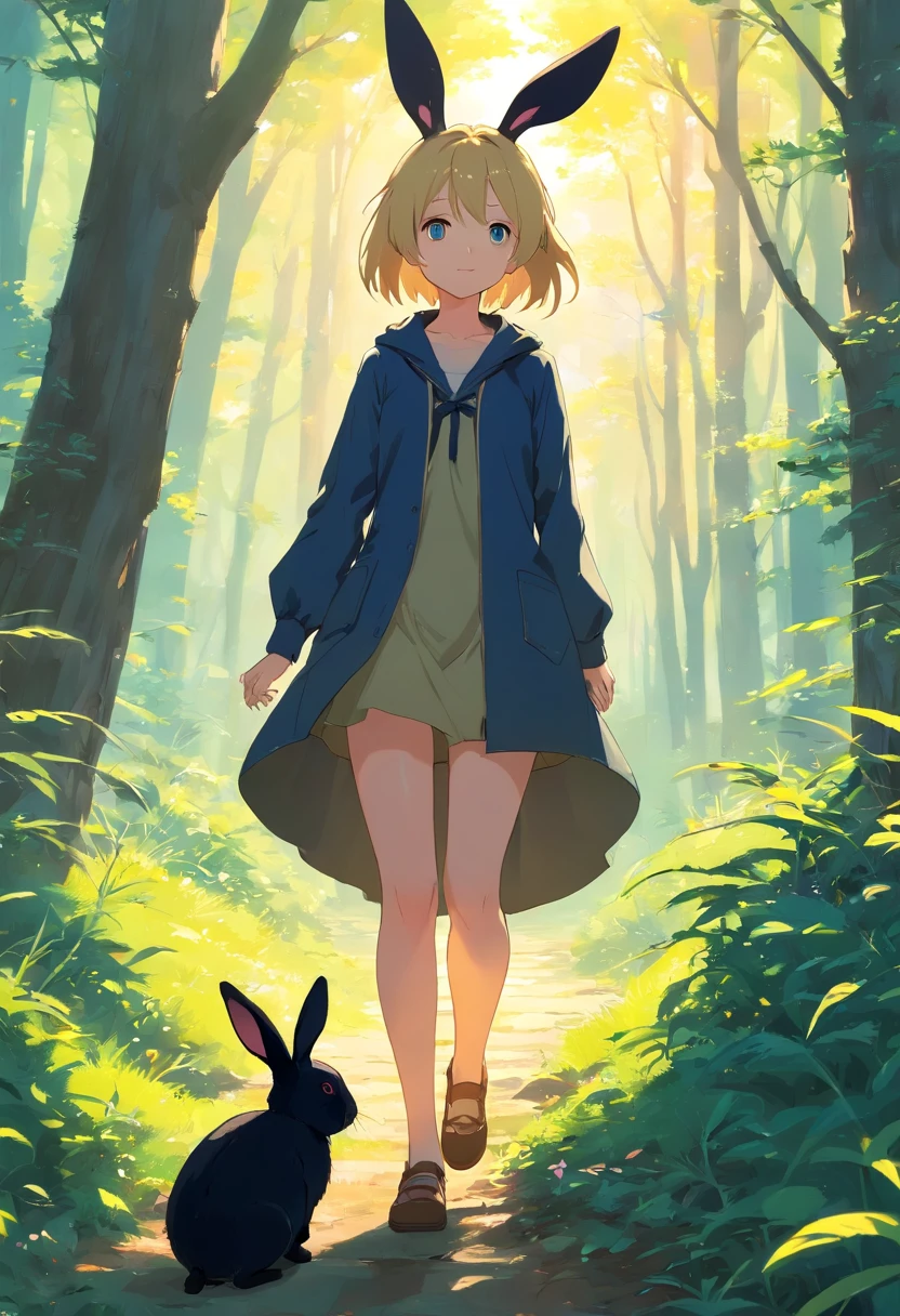 Met in the forest(One girl with cute black rabbit and blonde hair love at first sight!), (She chases a black rabbit), It was a rabbit wonderland!Adventures with the Black Rabbit, Changing Wonderland for the Brightest。At last、The bond between the black rabbit and the girl、She is full of joy and gratitude.、Leaving Wonderland Behind、Memories with the Black Rabbit will always remain in my mind。Even in the human world, She cherishes a special bond with the Black Rabbit, #The story of the black rabbit and the girl, Anatomically correct, awardwinning, masutepiece
