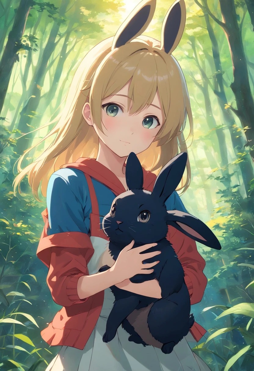 Met in the forest（One girl with cute black rabbit and blonde hair love at first sight！）, （She chases a black rabbit）, It was a rabbit wonderland！Adventures with the Black Rabbit, Changing Wonderland for the Brightest。At last、The bond between the black rabbit and the girl、She is full of joy and gratitude.、Leaving Wonderland Behind、Memories with the Black Rabbit will always remain in my mind。Even in the human world, She cherishes a special bond with the Black Rabbit, #The story of the black rabbit and the girl, Anatomically correct, awardwinning, masutepiece
