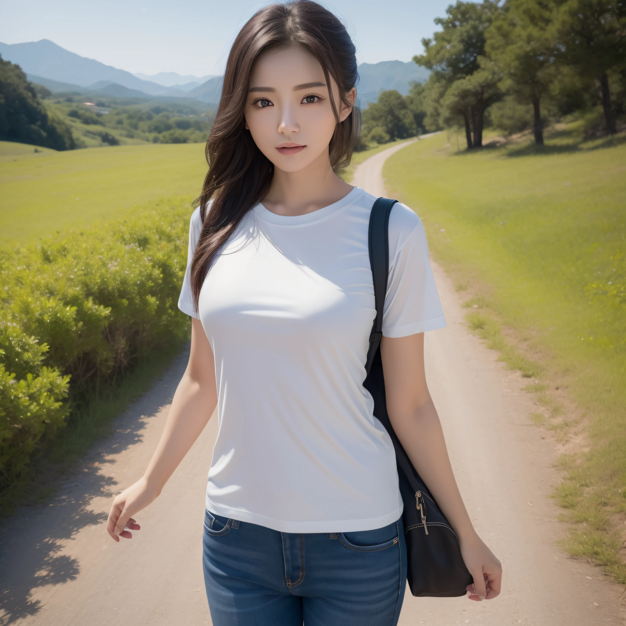 One lady、((best qualtiy、8k masterpieces:1.3))、foco nítido:1.2、(ultra beautiful faces:1.0)、(shinny skin:1.0)、photos realistic、A dark-haired、Video Lighting、High-definition eyes and face、Video Lighting、(Korean Cute Actress)、from the front side、medium breasts、ssmile、Slender Abs Beauty、Whole body、wearing t-shirts、On the trail in the early morning、