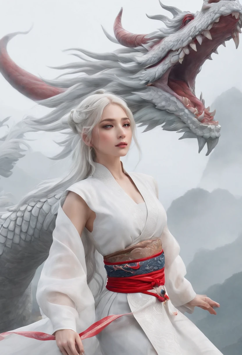 Cirilla Fiona Elen Riannon,动态照明,art stations,poster for,Volumetriclighting,Very detailed faces,4k wallpapers,He has a delicate and beautiful face,long hair flowing,horse tailed,Fringed Hair Ornament,Dynamic perspective,White Hanfu,White gauze flying,red waistband,Sexy,Tradition Chinese Ink Painting,Surrounded by clouds,fog atmosphere,Ride a white dragon,White dragon horn,dynamic viewing angle,电影灯光