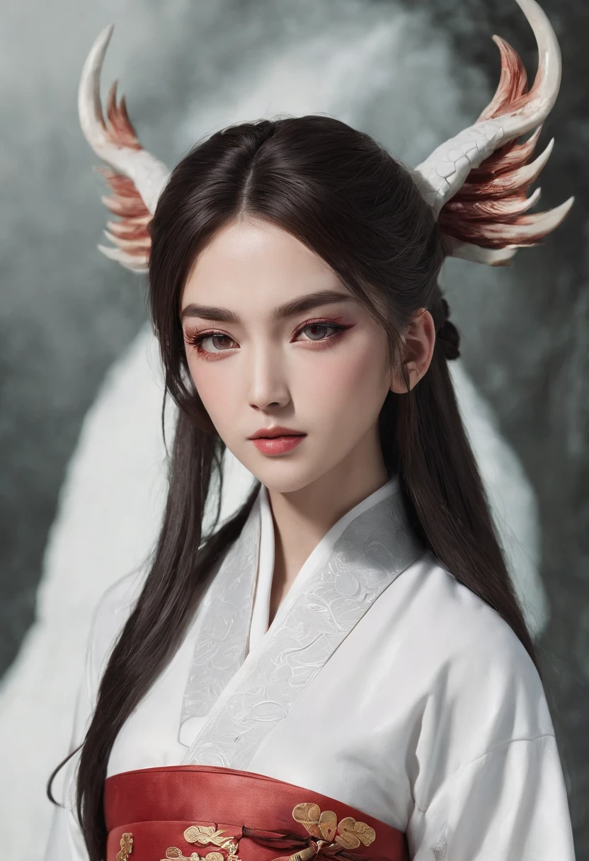 Cirilla Fiona Elen Riannon,动态照明,art stations,poster for,Volumetriclighting,Very detailed faces,4k wallpapers,He has a delicate and beautiful face,long hair flowing,horse tailed,Fringed Hair Ornament,Dynamic perspective,White Hanfu,White gauze flying,red waistband,Sexy,Tradition Chinese Ink Painting,Surrounded by clouds,fog atmosphere,Ride a white dragon,drawing bow,White dragon horn,dynamic viewing angle,电影灯光,