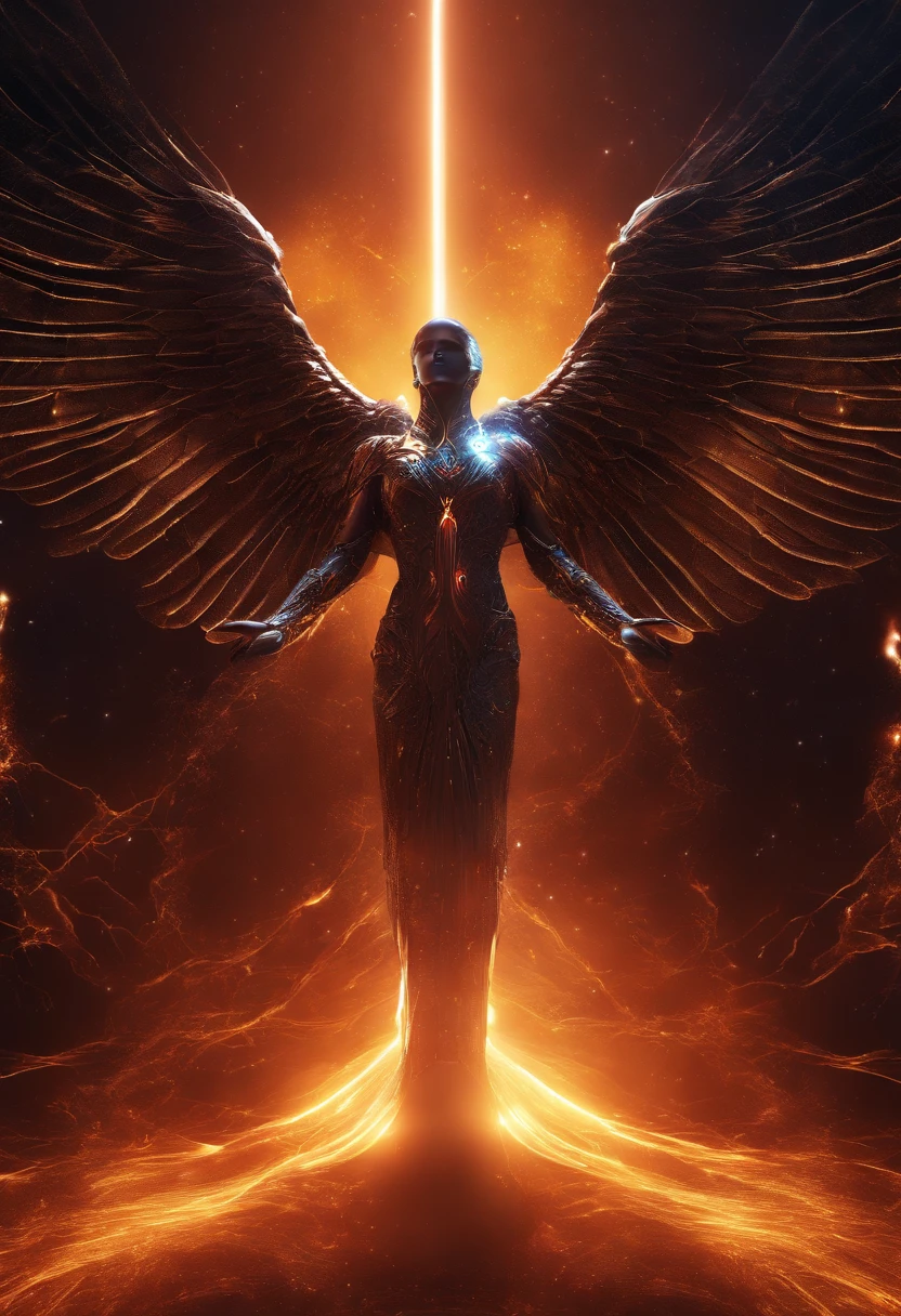 Cosmic Fallen Angel, glowing light eyes, Biomechanical, eerie, Creepy, nightmarish, Very bright colors, Light particles, with light glowing, Mshiff, wallpaper art, UHD wallpaper