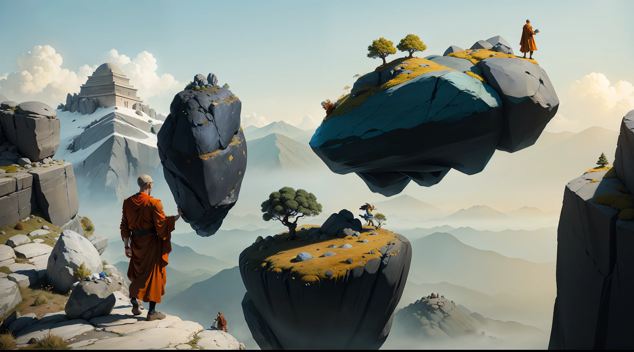 there is a wise monk man wearing matte colour dress that is climbing up a rock with a large rock, sisyphus compostition, matte painting”,