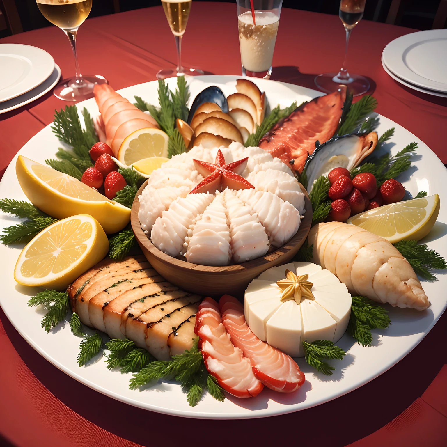 A seafood platter with a specific theme, christmas, a seafood platter for a special christmas occasion, printable --auto