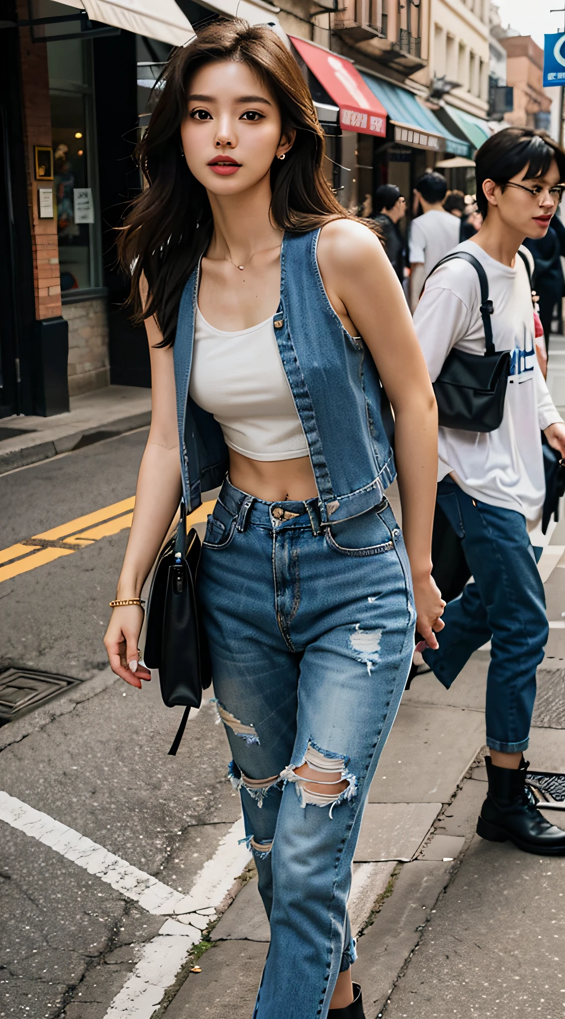 Beautiful asian female model standing on street with bag and headphones, Street style, baggy jeans, by Nina Hamnett, wearing a camisole and boots, Street Costumes, by Niko Henrichon, Street fashion outfits, Street fashion, Wearing a vest top, wearing a cropped black tank top, Ripped jeans, dressed casually, Wearing denim, woman in streetwear、Gorgeous young Korean woman、Extremely beautiful face、Gold Gorgeous Face、face perfect、Eye level、Functional、Beautiful young Korean woman、beautiful aesthetic face、white backgrounid、Wearing gorgeous platinum silver earrings、Platinum silver texture and shiny earrings、8K、photographed、(realisitic、Photorealsitic: 1.37)、The best and most perfect beauty in the world、very large breast、profetional lighting、a handsome 、Beautiful brown long hair、hight resolution、1080p、studio shoot、Sexy hip line、Bright lighting、(Crisp face)、(Detailed face description)、Rich details、Skin clarity and hydration、Skin texture and detail、Beautiful hair with long hair、Textured、 Hair texture and contrast、beautiful and delicate face、beautiful and delicate eyes、Crisp double beautiful eyes、Skin detail and texture、Hair details and texture、Skin contrast and detail、Lip texture and contrast、Texture and contrast of clothes、Eye texture and clarity、beautidful eyes 、Cutting-edge fashion、Fashionable、High-level images、natural soft light、