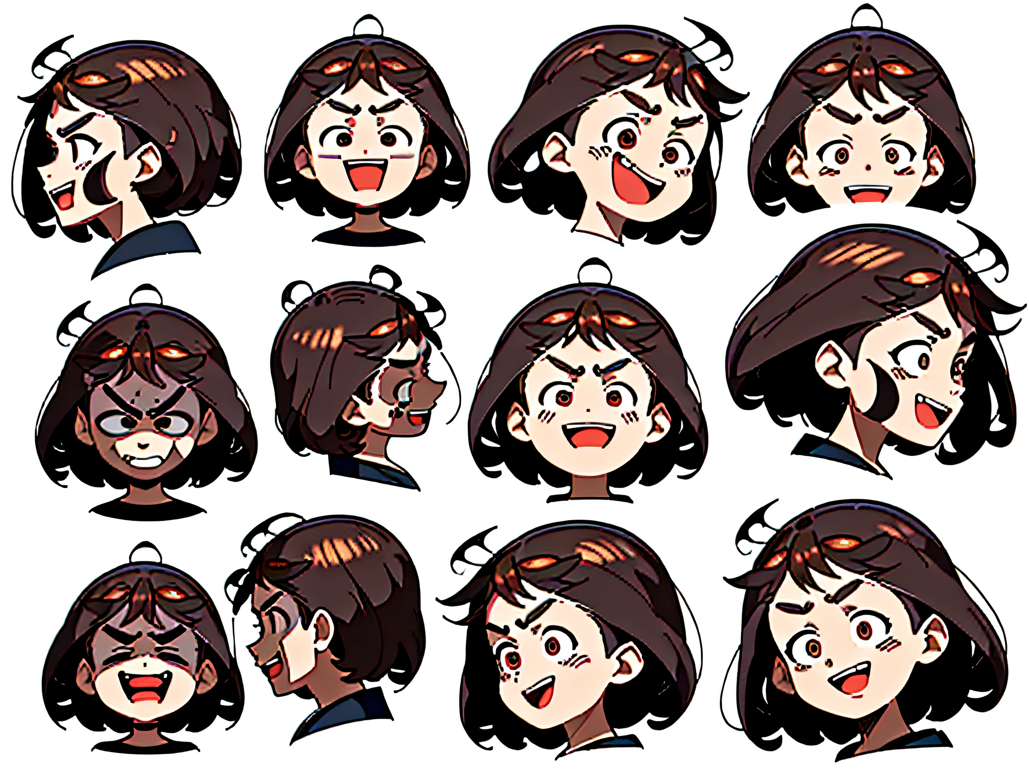 age 22, Libido boy, with short brown hair (((Happy face, Smiling face, Excited face,rage face,Disappointed face)))short sleeved top, (((Detailed character table, Frontal view, Side view, three fourths view))) (((White background)))