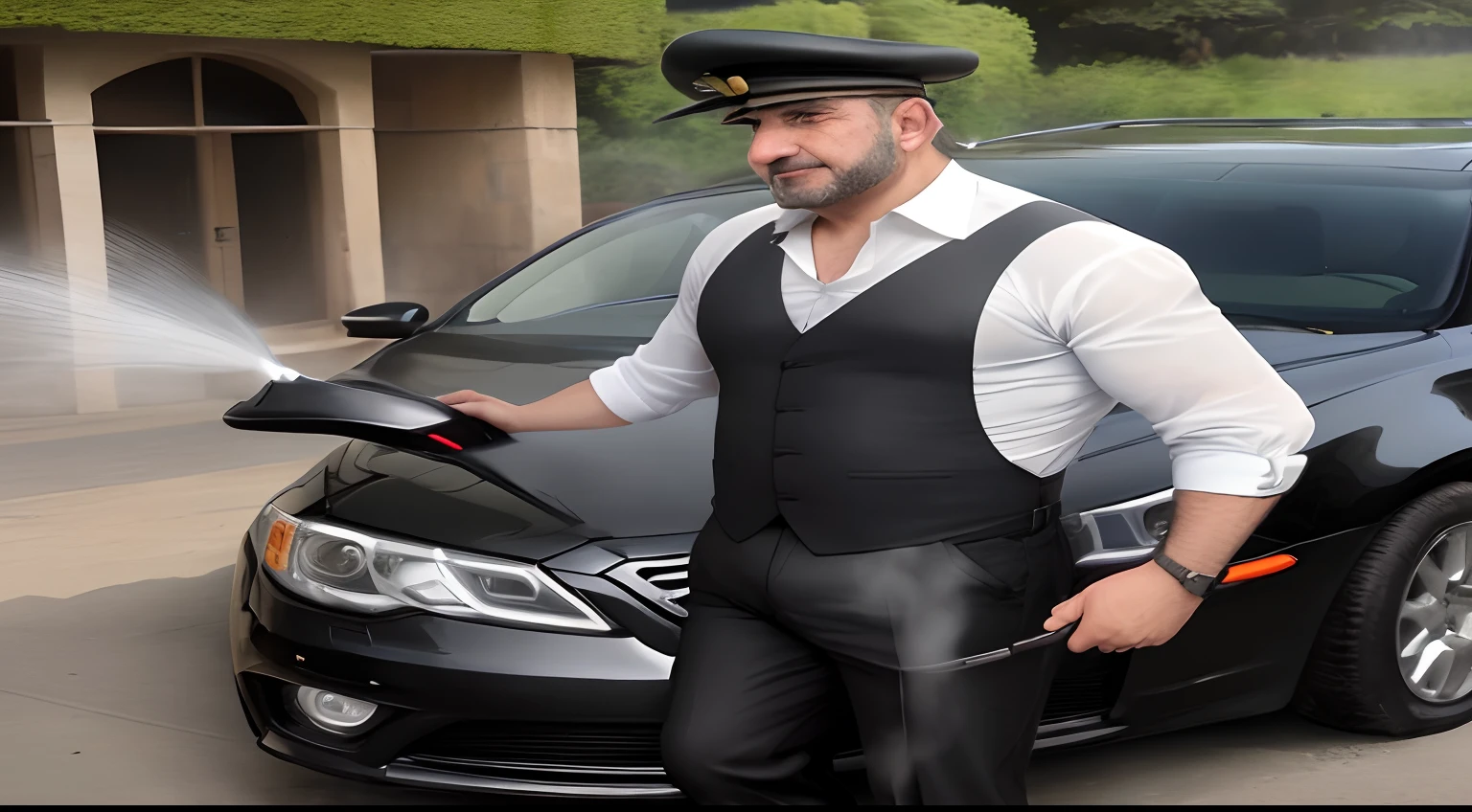 Create the image of a Lebanese, wearing black pants, black sandals, camisa de manga longa branca, colete preto, Characteristic hat of the Lebanese, com aproximadamente 50 anos, pesando uns 130 kilos, holding in his left hand a sponge and in his right hand a hose from a jet washer, where he will be washing a luxury sedan car
