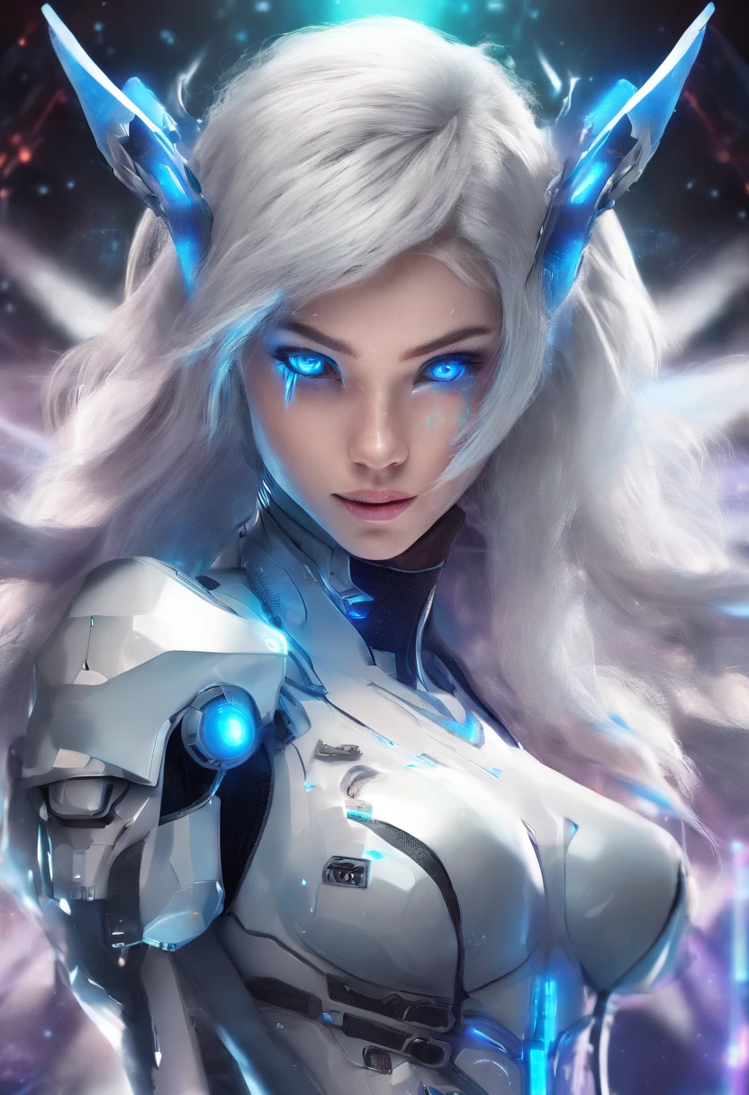 Cirilla Fiona Elen Riannon，Highest image quality，Outstanding details，超高分辨率，（Fidelity：1.4）, Favor the details，closeup cleavage，drawing bow，High-tech dragon knight mech，He has a delicate and beautiful face，（（Blue-white flying semi-mechanical fuselage：1.8）），high-tech weapon，Raised sexy，frontage，cyber punk perssonage，Futuristic，mechanically aesthetic，Virtual Engine 5，Perfect detail rendering，rendering by octane，hyper HD