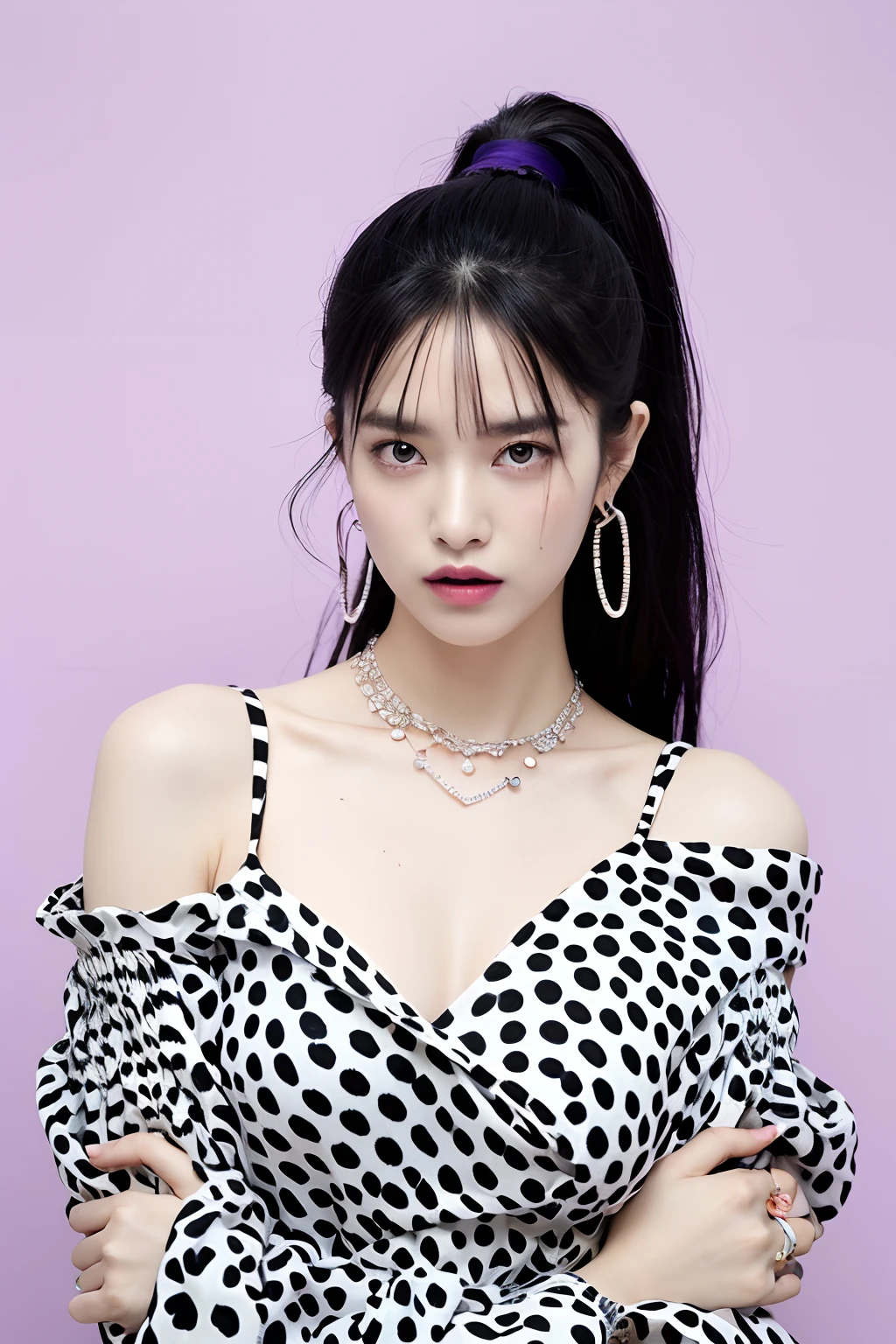 (extra detailed body、extra detailed face、best qualtiy:1.2)、femele、looking at the viewers、(Wacky fashion、Large shoulder-length piercings、a necklace、Clothes with a strong contrast of spotty and black and white、asymmetry)、(Light purple walls)