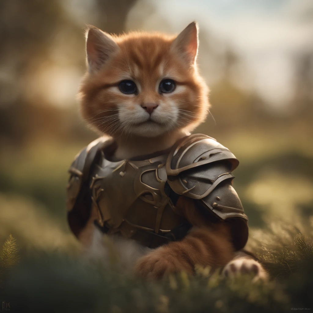 (Best quality,4K,8K,A high resolution,Masterpiece:1.2),Ultra-detailed,(Realistic,Photorealistic,photo-realistic:1.37),A cute little wearing armor and helmet ,Delicate paw pads,Expressive eyes,Cute twitchy beard,Hints of vulnerability,Gently wagging tail,playful pose,Art cat illustration,Subtle color palette,Natural lighting