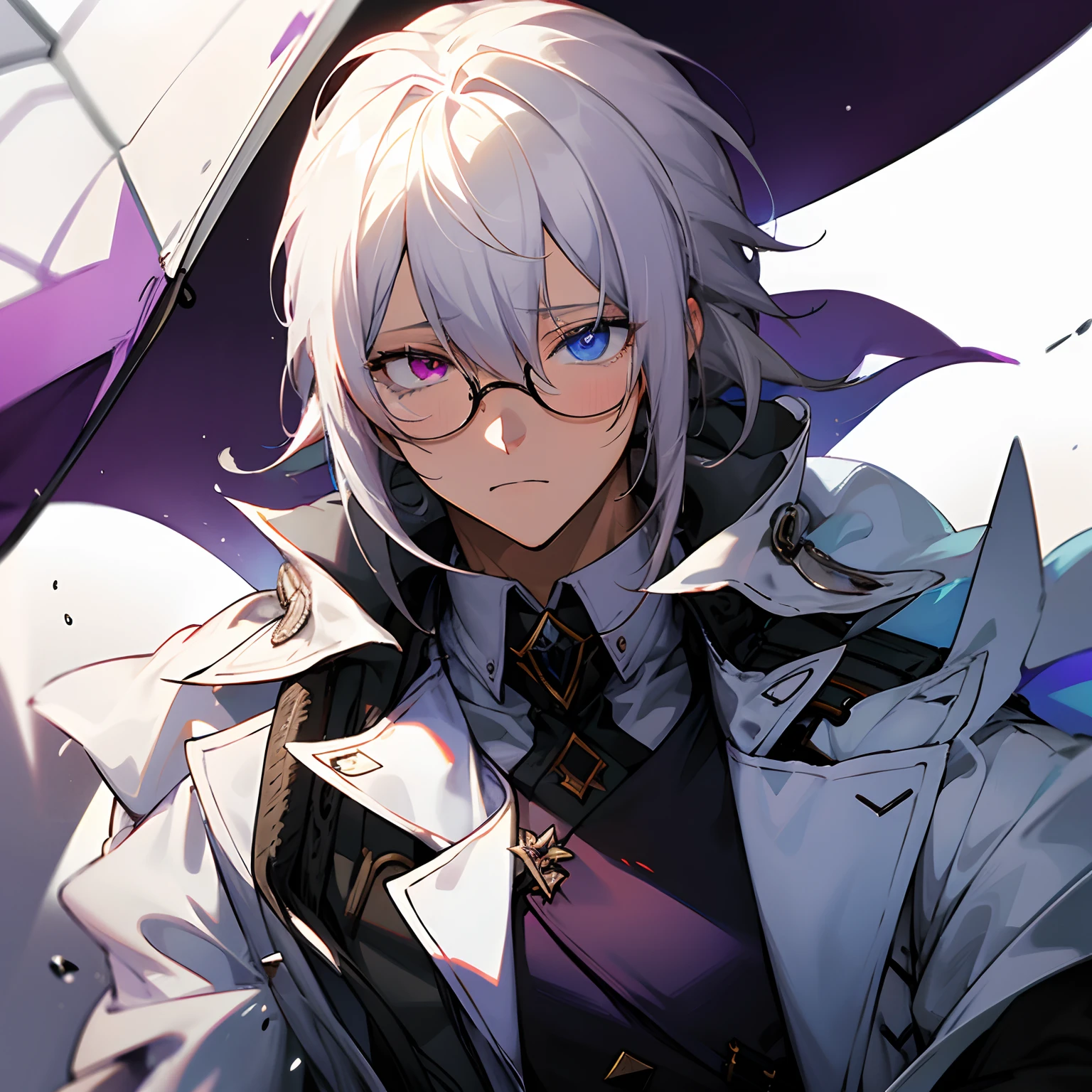 1 boy、A white-haired、purplish white eyes、short messy hair 、handsome 、heterochromia 、hair covering right eye、Stylish trenchcoat、wearing glasses