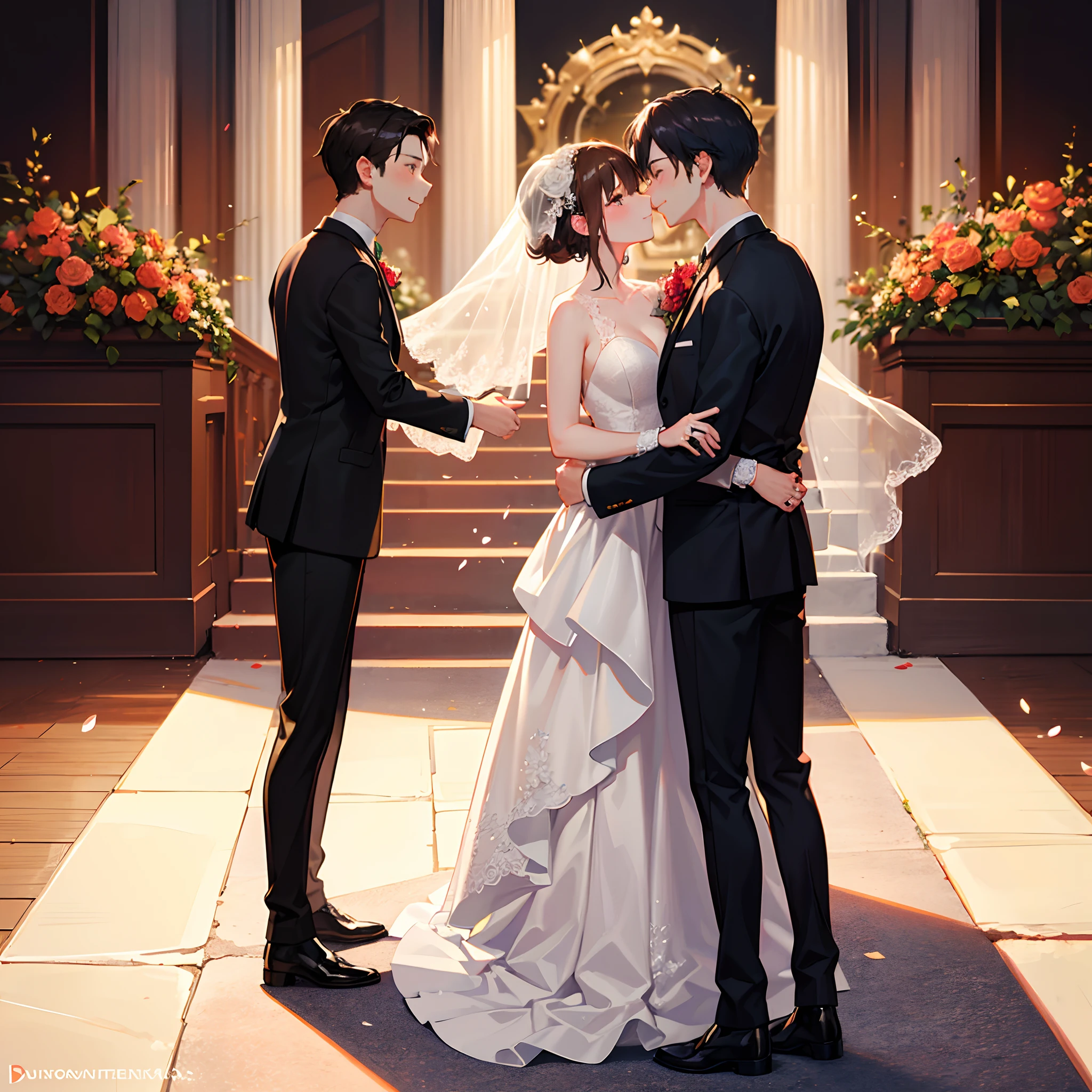 A bride in a beautiful wedding dress, groom in a handsome tuxedo, romantic atmosphere, elegant wedding venue, blooming flowers, joyful celebration, happy faces, wedding vows, exchanging rings, first kiss, wedding cake, champagne toast, bride’s bouquet, wedding guests, dance floor, live band, stunning decorations, bride's veil, groom's boutonniere, wedding photographer capturing precious moments, passionate love, eternal commitment, unforgettable memories, high-resolution images, detailed textures, vibrant colors, soft natural lighting, dreamy ambiance.