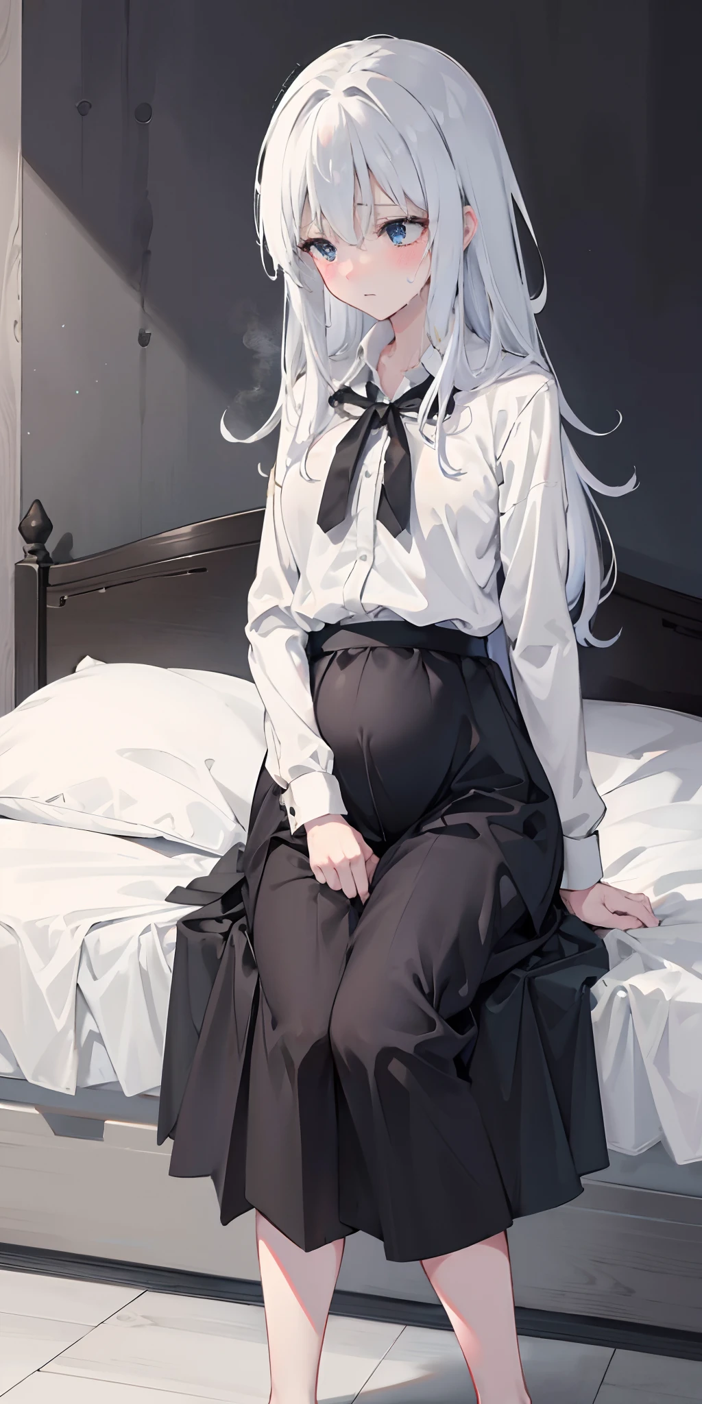 Elaina,white ash hair, anime girl, white shirt,black skirt,black cloak, pake face, sweating, heavy breath, blushing, pregnant, (best quality:1.2), ultra-detailed,realistic ,portraits, vivid colors, soft lighting, interesting PoV, leaked pee(clear pee), spread kneel, Lie down on bed,