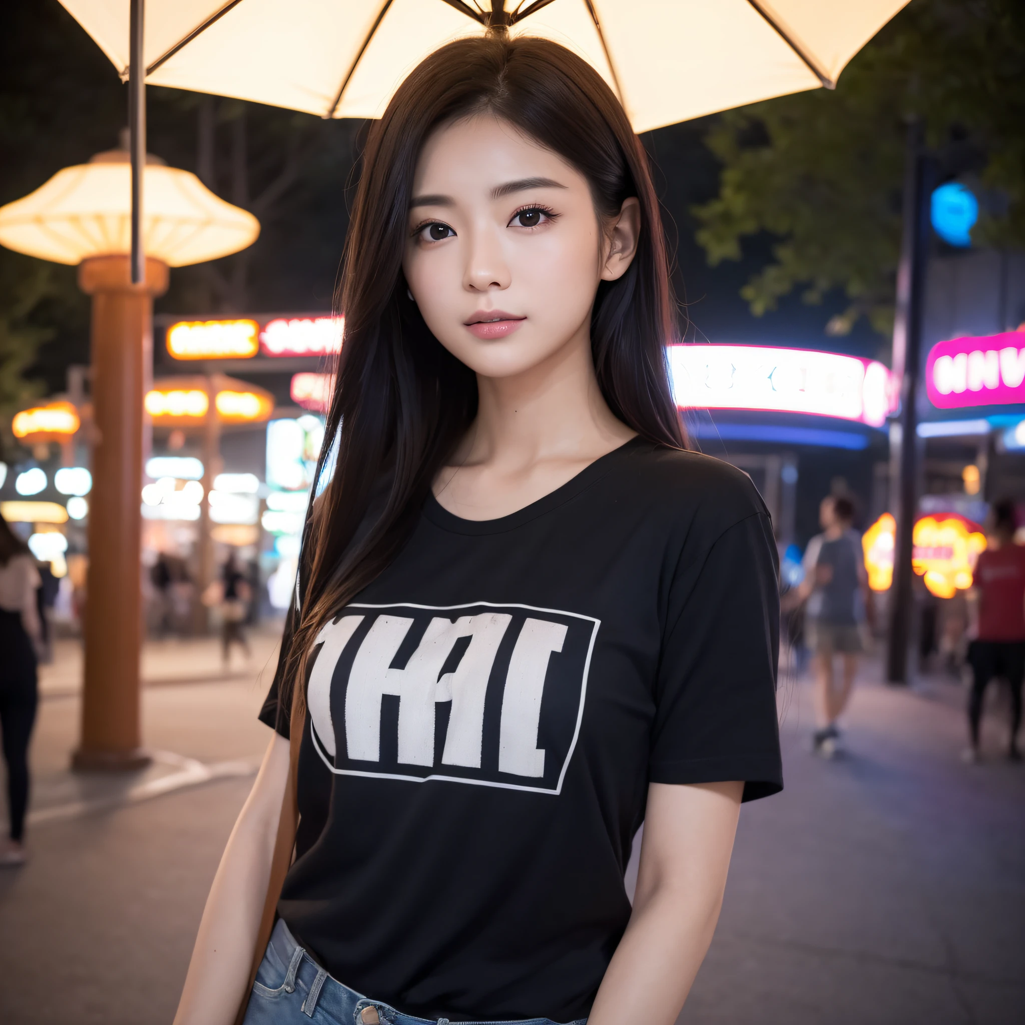 (One lady)、((best qualtiy、8k masterpieces:1.3))、foco nítido:1.2、(ultra beautiful faces:1.0)、(shinny skin:1.0)、photos realistic、A dark-haired、Video Lighting、High-definition eyes and face、Video Lighting、25-year-old Japan actress、from the front side、medium breasts、Looks fun、Slender Abs Beauty、Whole body、wearing t-shirts、in amusement park