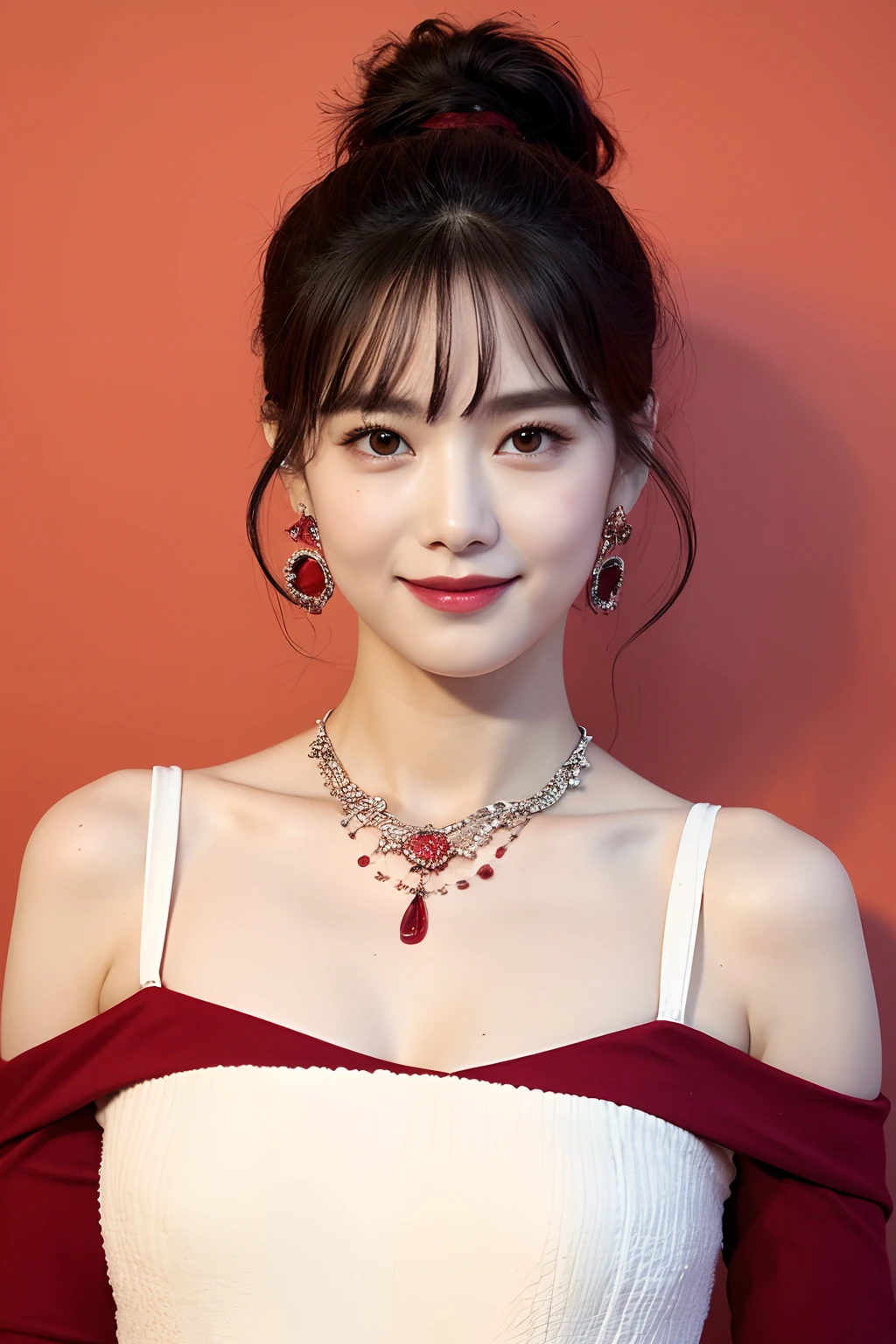 (extra detailed body、extra detailed face、best qualtiy:1.2)、femele、looking at the viewers、(a smile、Wacky fashion、Large shoulder-length piercings、a necklace、Wine red and black contrasting clothes、asymmetry)、(Ivory wall)