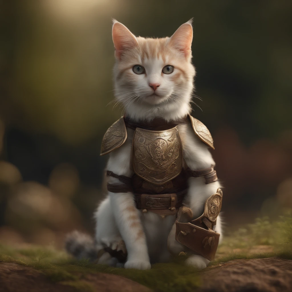 (Best quality,4K,8K,A high resolution,Masterpiece:1.2),Ultra-detailed,(Realistic,Photorealistic,photo-realistic:1.37),A cute little wearing armor and helmet ,Delicate paw pads,Expressive eyes,Cute twitchy beard,Hints of vulnerability,Gently wagging tail,playful pose,Art cat illustration,Subtle color palette,Natural lighting