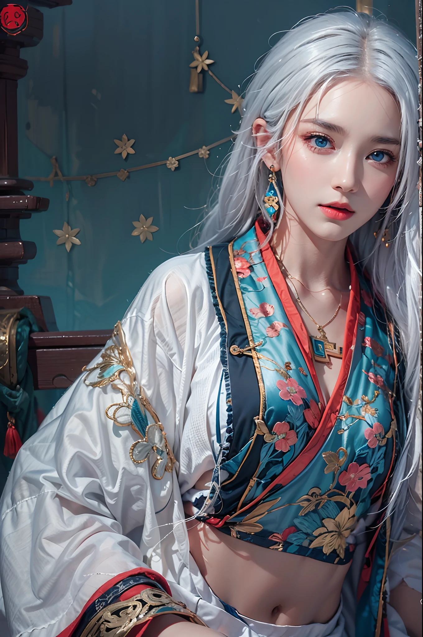 photorealistic, high resolution, 1women, solo, hips up, look at viewer, (detailed face), narrow waist, closed lips, white hair, long hair, kungfu clothes, intricate xianxia ancient clothes, jewelry