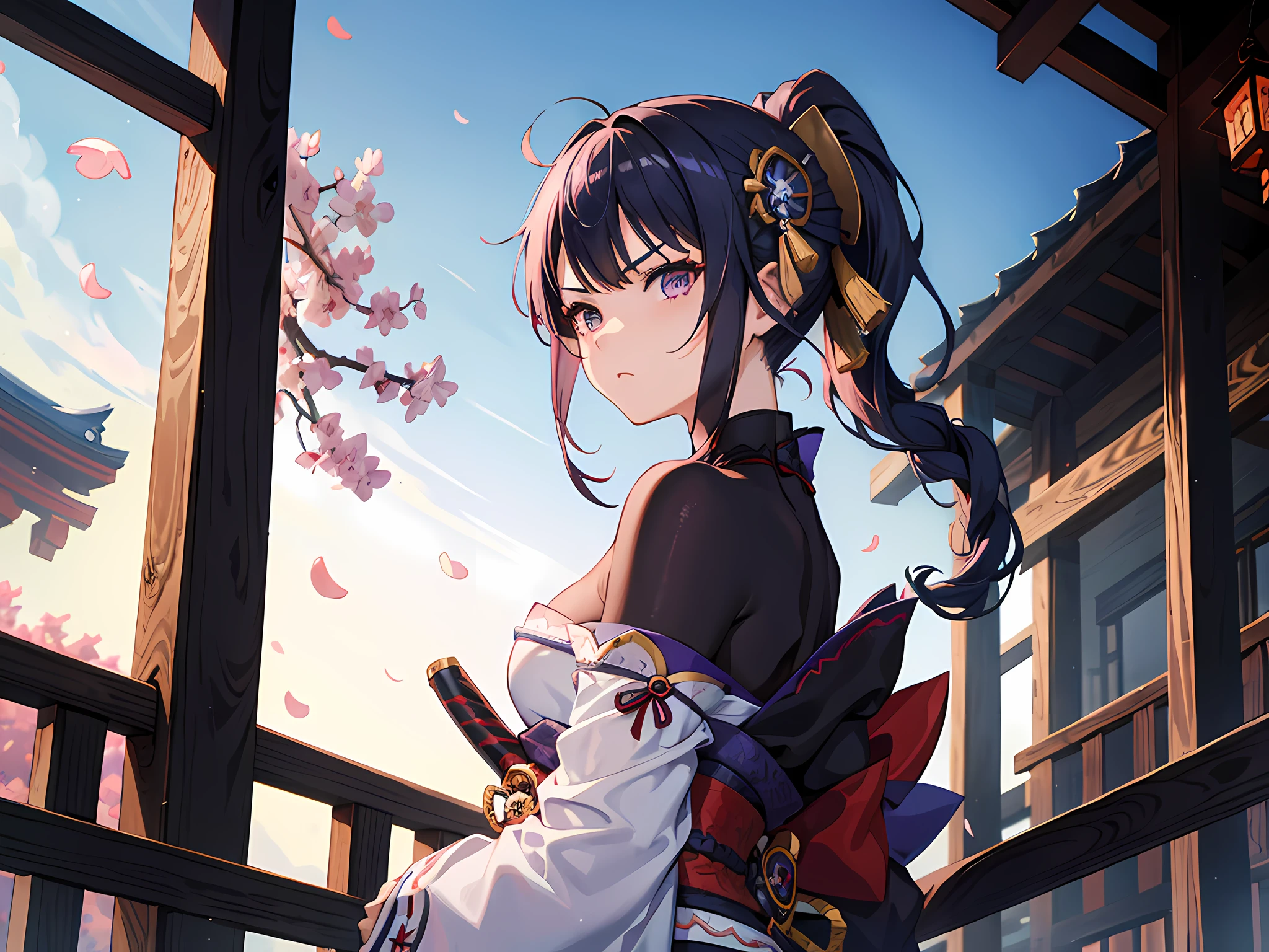 1 girl, ponytail, samurai mask, samurai, holding katana (amenoma kageuchi) , angry, furious eyes, perfect eyes, cherry blossom, celestial lighting, japanese background, better quality, highres, 8k, masterpiece, shogun, simple background, perfect face, katana in hand