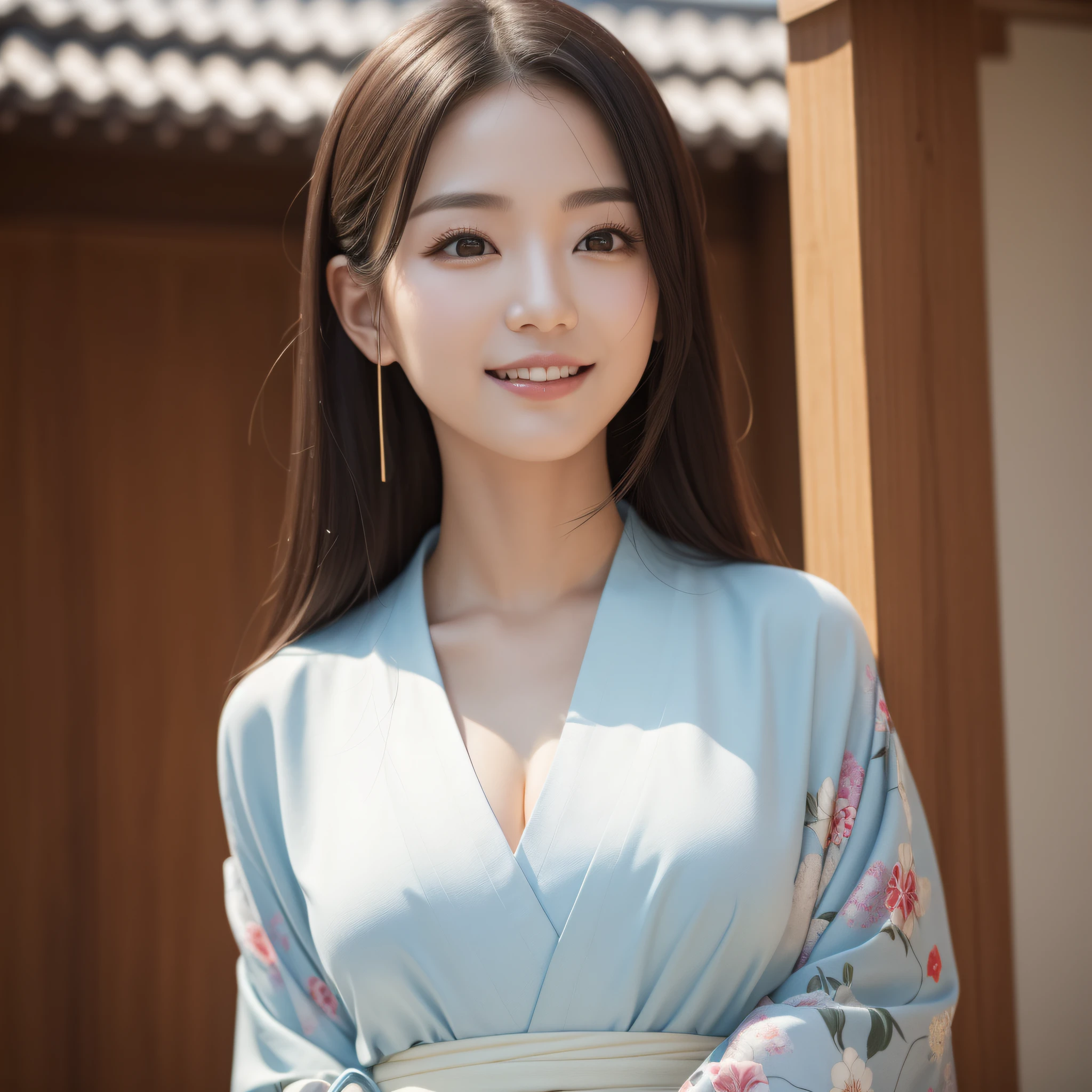 Woman in kimono、((best qualtiy、8k masterpieces:1.3))、foco nítido:1.2、(ultra beautiful faces:1.0)、(shinny skin:1.0)、photos realistic、A dark-haired、Video Lighting、High-definition eyes and face、Video Lighting、Korean idol actress、from the front side、medium breasts、Smile、Slender Abs Beauty、Whole body、wearing kimonos、At the shrine in the early morning
