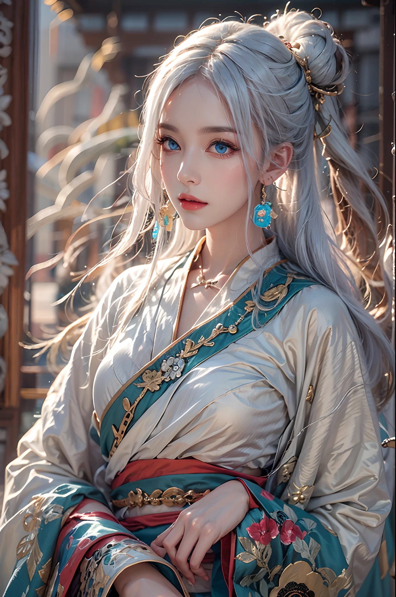 photorealistic, high resolution, soft lights, 1women, solo, hips up, look at viewer, (detailed face), blue eyes, white hair, long hair, colorful Taoist robe,oversized clothes, midjourney portrait, jewelry