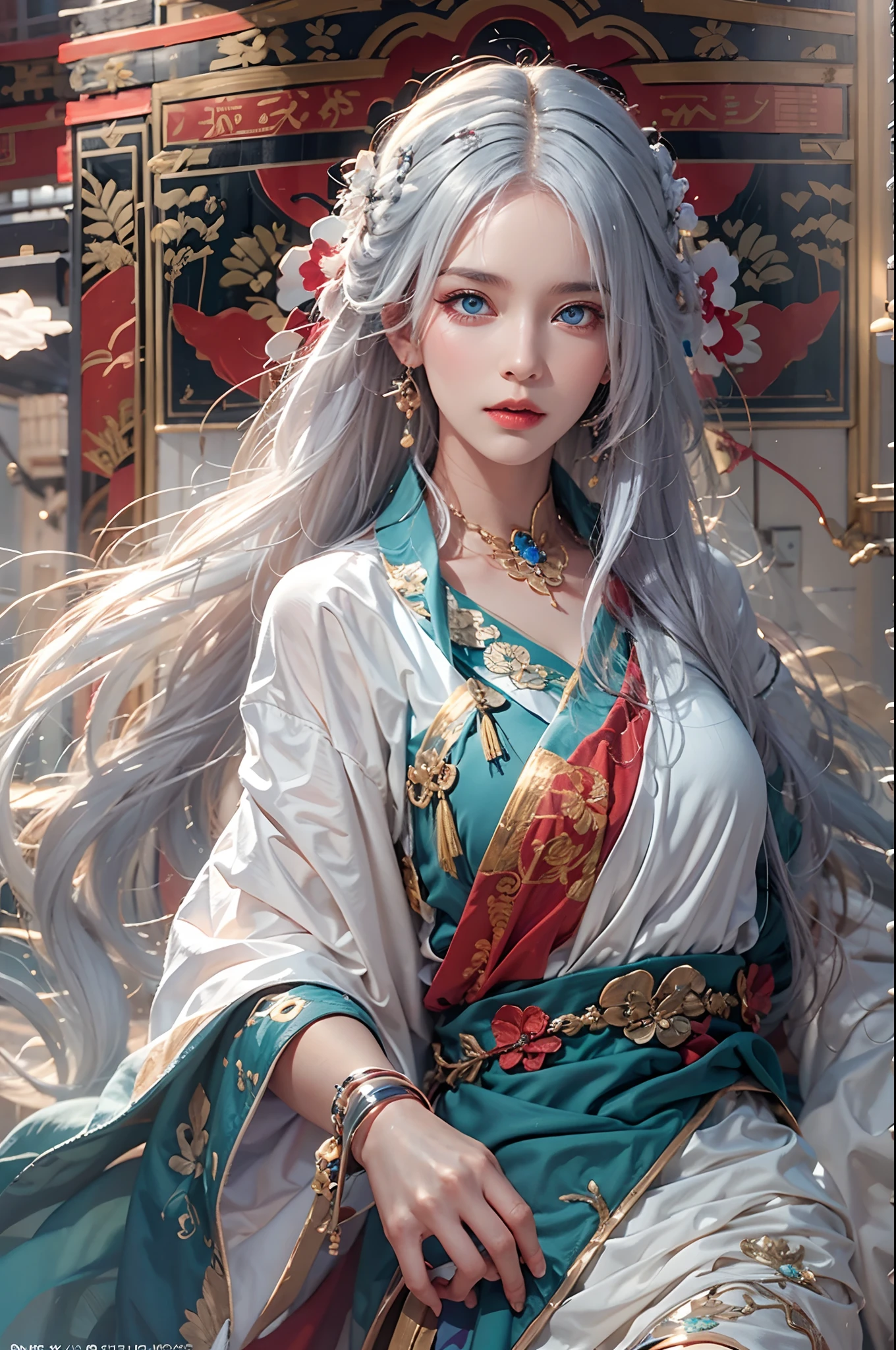 photorealistic, high resolution, 1women, solo, hips up, look at viewer, (detailed face), white hair, long hair, colorful Taoist robe,oversized clothes, midjourney portrait, jewelry