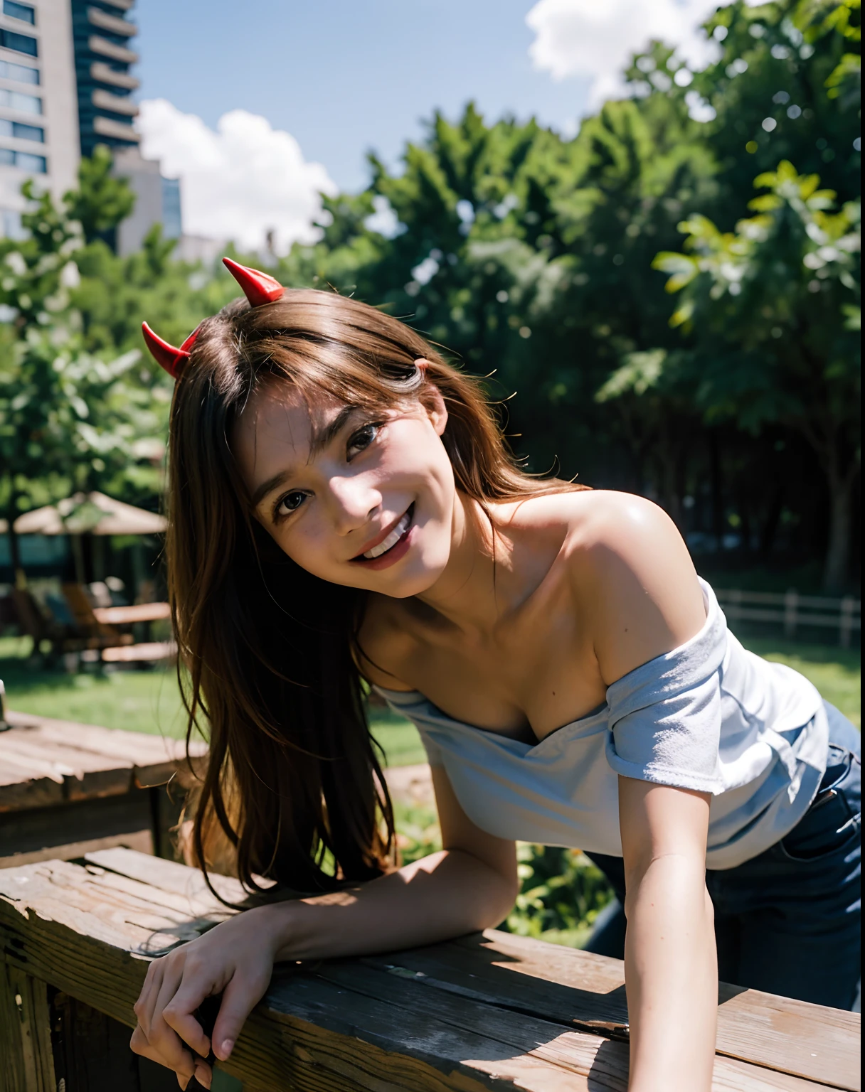 masterpiece, highly detailed, Best quality, ultra high res, 1girl, horns, long hair, looking at viewer, medium breasts, outdoor, power (chainsaw man), Strapless, smile, (bent over:1.2), day, off-the-shoulder, random shirt, cowboy shot, partially_unbuttoned,