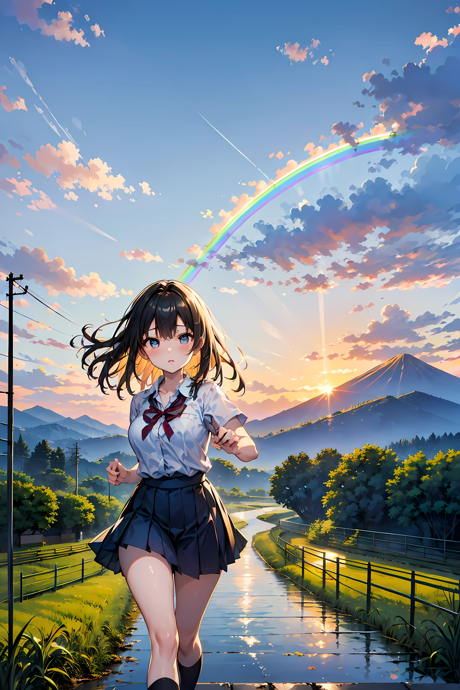 rainbows、Beautiful rainbow、(rainbow sky:1.5), High school girl running towards rainbow hanging towards the mountain、A big, beautiful rainbow on the mountains、Japanese high school  girl、wearing  a school uniform、Road after rain、rice fields、mont、rainbows、countryside view、Countryside landscape in Japan、Sunset、red dragonfly、splash playing red flies background,