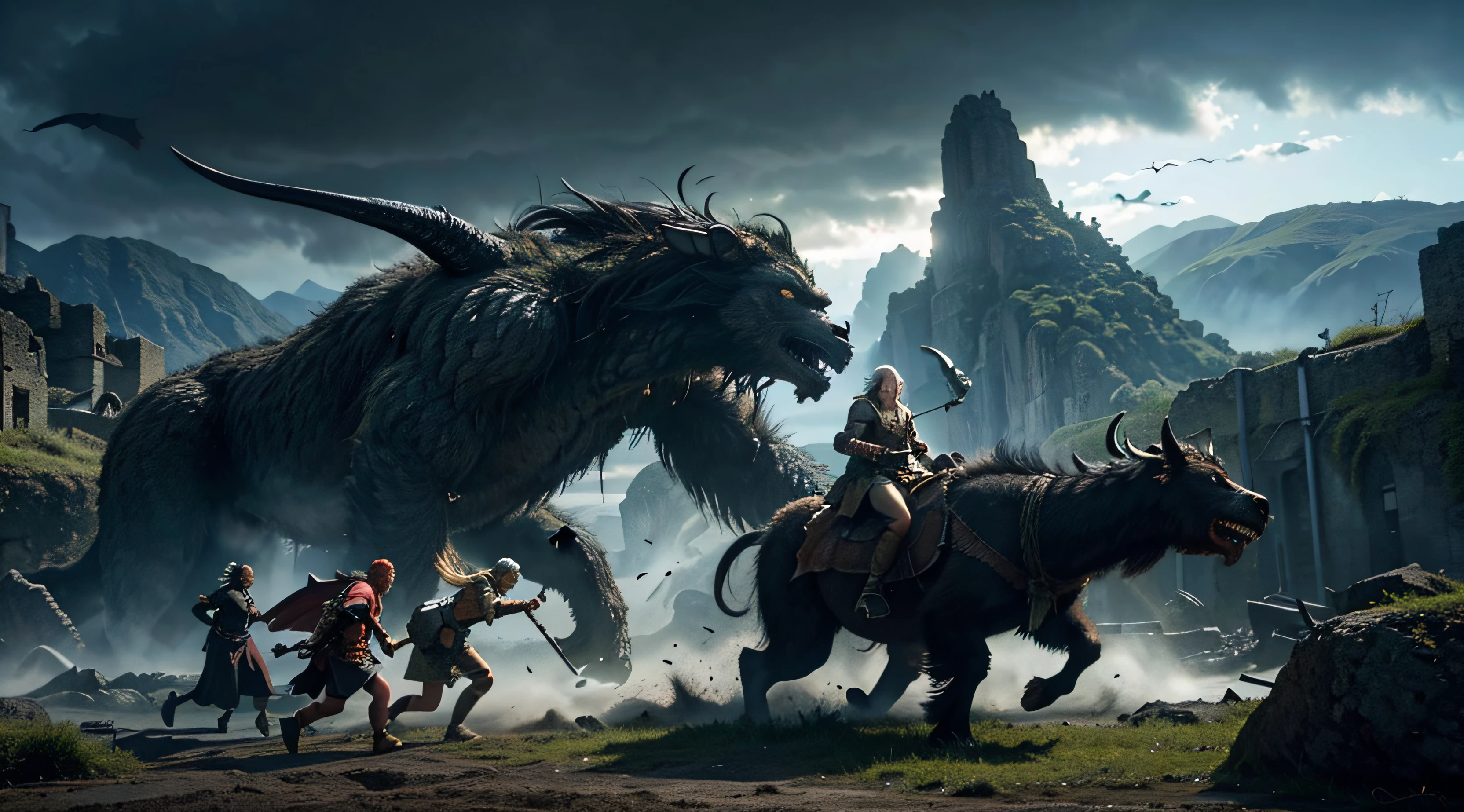 Norse, ancient city, caught being destroyed by monsters -- monsters attacking people -- demons -- an infestation of monsters with wings and horns -- people fleeing--- HDR movie scene -- MAXIMUM quality -- hyper realism -- maximum deralhes --Realism