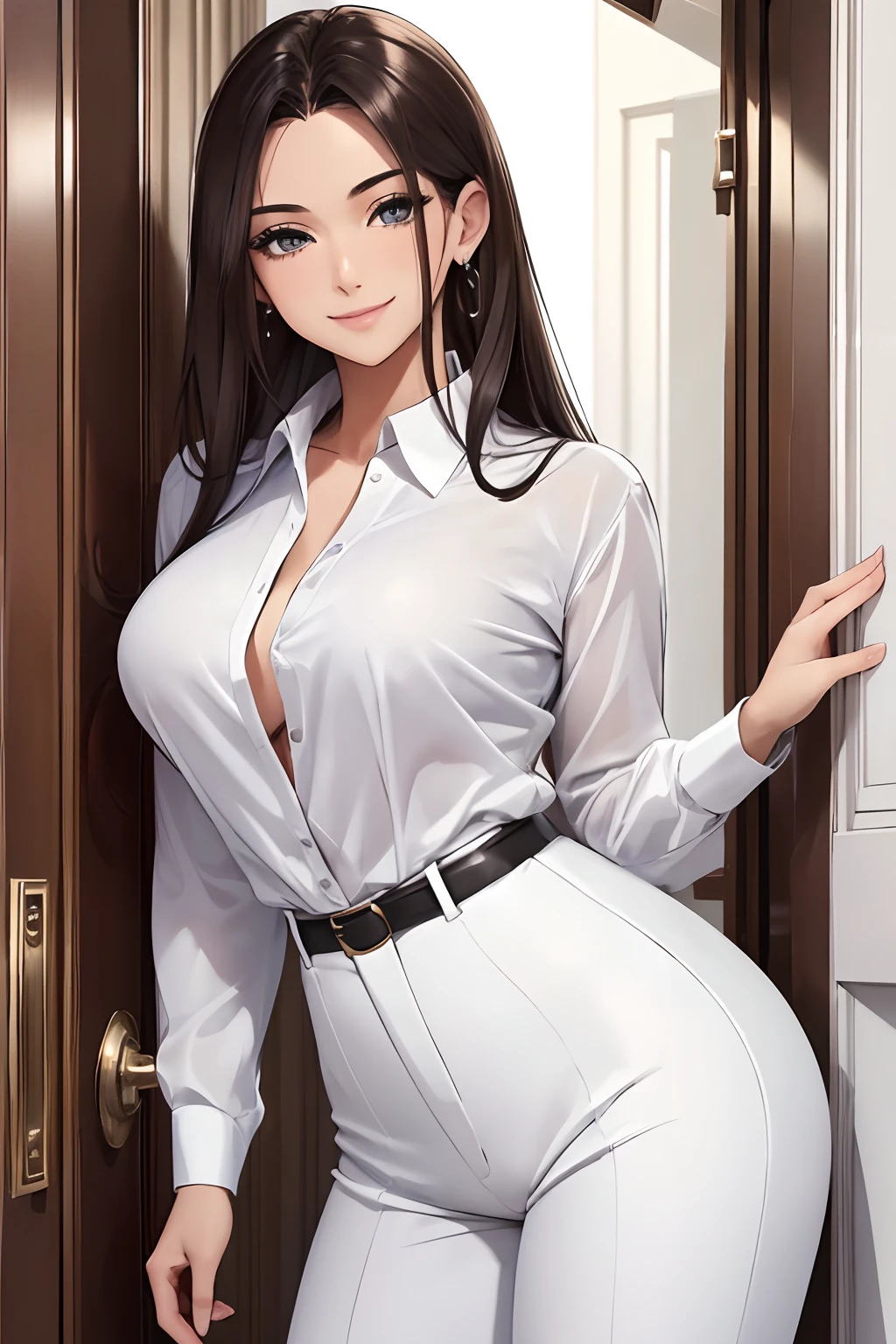 (masterpiece, best quality:1.2), Detailed face, delicate eyes, Elegant woman, long hair, High heel,shiny skin,Shy smile,Welcome at the door, white door, shirt, trousers,Huge breasts,Upper body close-up