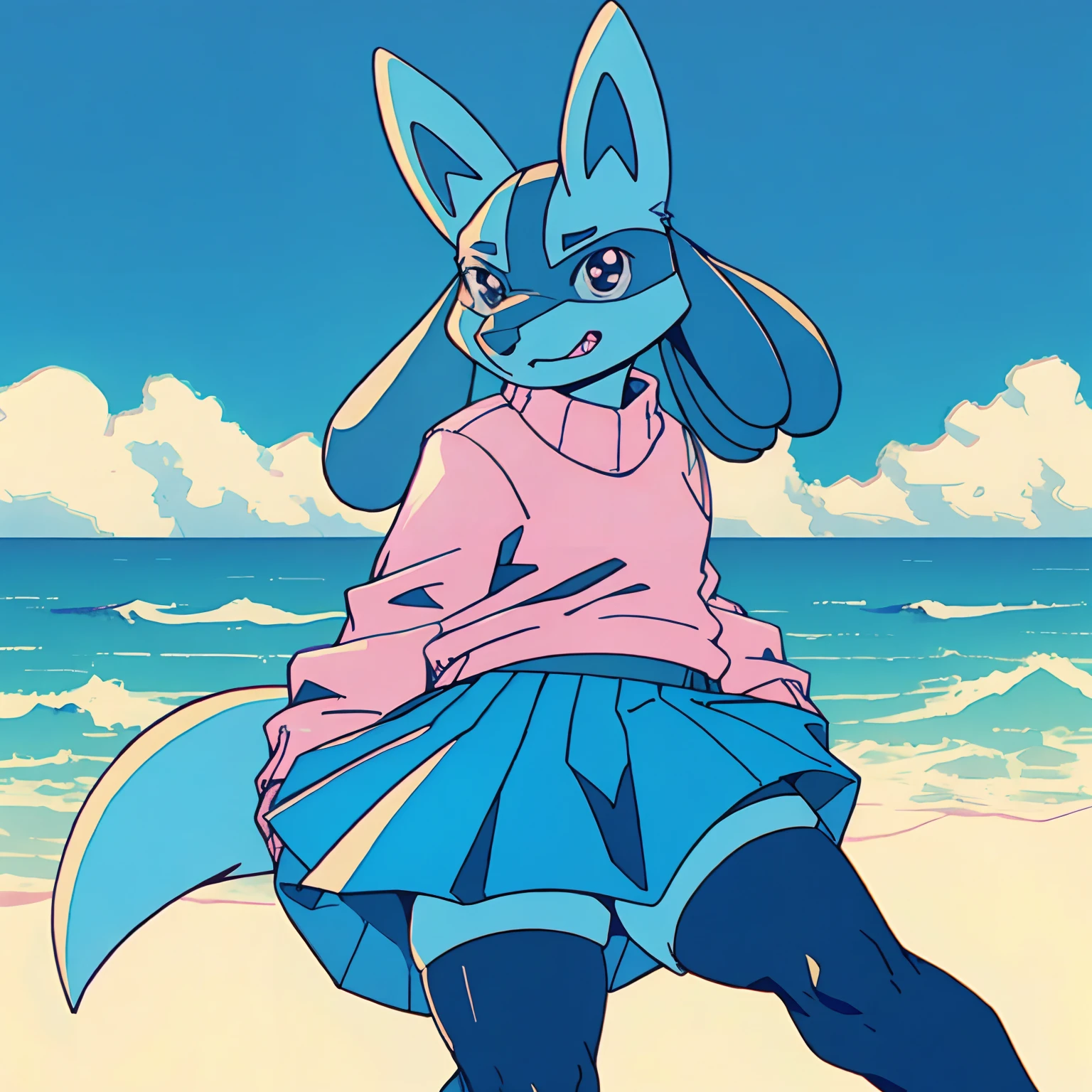 Mute pastel colors， Smooth photos， Retro soul, 1990s animation, 1980s animation, Retro soul， Retro anime style， Masterpiece, Best Quality, Lucario, Dark Sushi 2.5D large sushi 2.5D, furry, solo, Lucario Pokémon, skirt, thigh high socks, cute sweater, Retro Lucario fanart, 1990s anime, retro animation