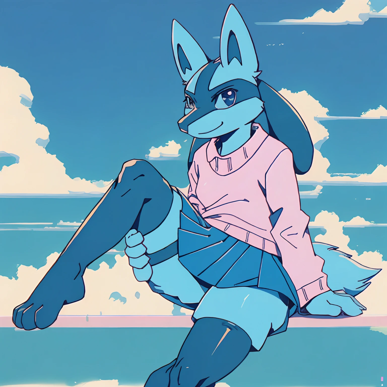 Mute pastel colors, Smooth photos, Retro soul, 1990s animation, 1980s animation, Retro soul, Retro anime style, Masterpiece, Best Quality, Lucario, Dark Sushi 2.5D large sushi 2.5D, furry, solo, Lucario Pokémon, skirt, thigh high socks, cute sweater, Retro Lucario fanart, 1990s anime, retro animation