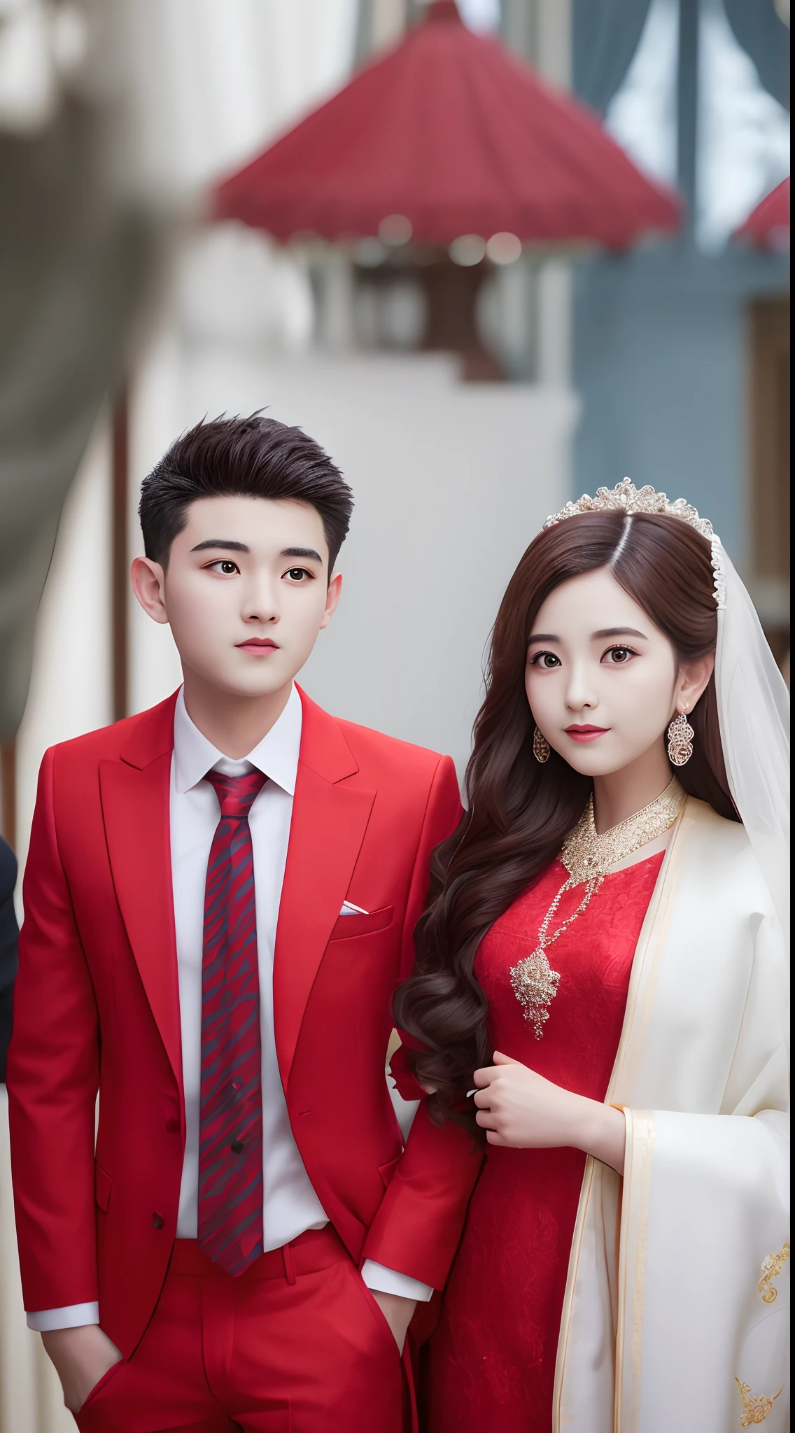 Change the background to the blurry wedding environment like captured by DSLR also change the pent coat of the boy to the red pent coat and change the girls dress from blue to red also upgrade the picture to 8k resolution and must be 100% realistic