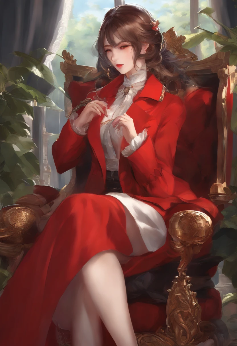 A woman in a red coat sits in a chair,Holding a dragon in his hand, popular on ArtStation Pixiv, Detailed anime artwork, Detailed digital anime art, Complex gorgeous anime CGI style, Guvitz at Pisif Art Station, Pisif's Guviz, Anime fantasy illustration, detailed anime art, clean and meticulous anime art, Detailed key anime art, Red lips slightly open,
