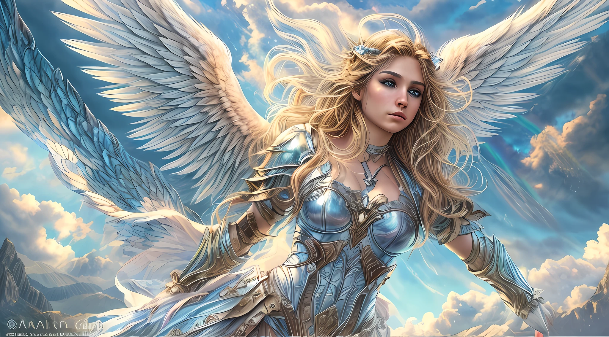 high details, best quality, 16k, [ultra detailed], masterpiece, best quality, dynamic angle, ultra wide shot, RAW, photorealistic, fantasy art, realistic art, a picture of an archangel flying in a the sky between the clouds, fantasy art, RPG art, a full distance shot, full body, an epic beautiful female archangel, blond hair, long hair, (wavy hair: 1.2), (blue eyes: 1.2), intense eyes (best detailed face: 1.3), (ultra feminine: 1.3) spread angelic wings angel_wings, (rainbow colored wings: 1.5) wearing heavy armor, (with glowing divine sigils: 1.2), light clouds in the background, a n epic (rainbow: 1.5) between the clouds, 16k, ultra detailed, masterpiece, best quality, ultra detailed, full body, ultra wide shot, photorealistic,