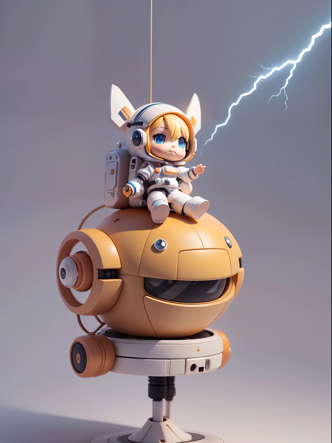 Cute girl ride on spaceship, Smile and cute pose ,Orange and white color, (Cute Astronaut: 1.331), Cute Style, Small, Big Head, 3D Rendering, ((Q Version)), Pokémon style, Machine Style, Cinematic Texture, Figures, Pokémon,  Lights, Heavy Robotic Arm, Mechanical Belly, Mechanical Legs, Mechanical Legs, Mechanical Sense,  Spinning, Colorful Lightning, Lightning, Cool, Clean White Background, Ray Tracing, Premium Colors, Full Body 3D Model, Action, Stylish Blind Box Toys. (fill body:1.2)，chibi