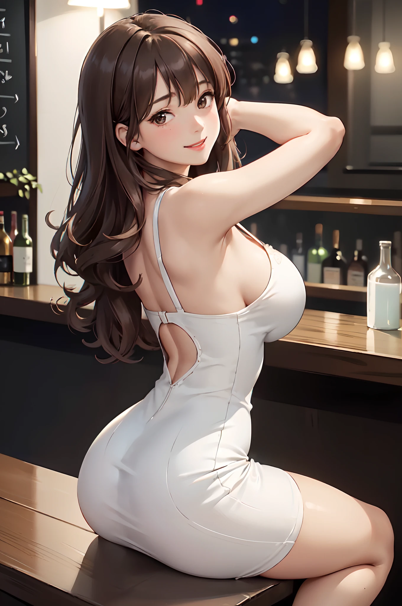 1lady solo, /(looking back from behind/), mature female, /(pencil dress/), /(brown hair/) bangs, blush kind smile, (masterpiece best quality:1.2) delicate illustration ultra-detailed, large breast, arms down, /(bar counter night/)