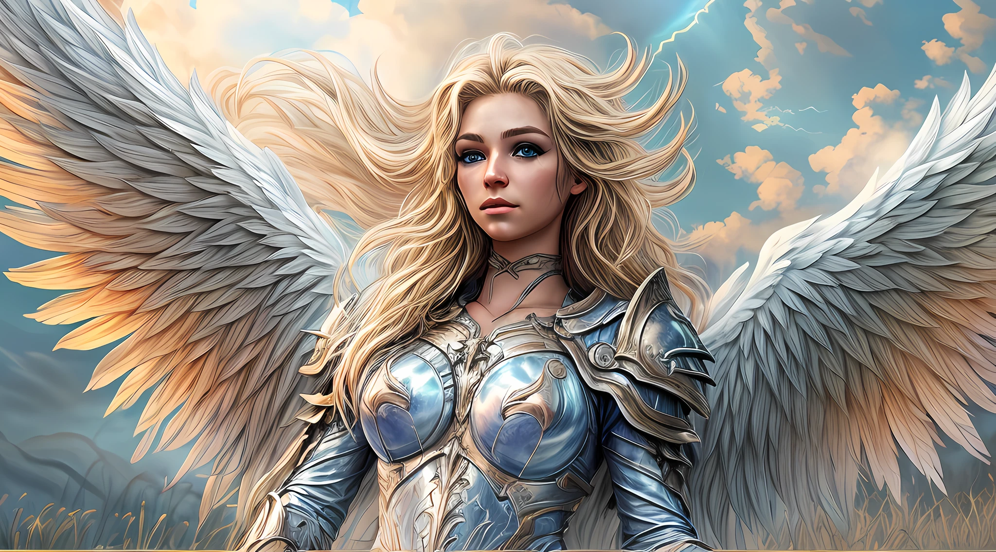 high details, best quality, 16k, [ultra detailed], masterpiece, best quality, dynamic angle, ultra wide shot, RAW, photorealistic, fantasy art, realistic art, a picture of an archangel flying in a the sky between the clouds, fantasy art, RPG art, a full distance shot, full body, an epic beautiful female archangel, blond hair, long hair, (wavy hair: 1.2), (blue eyes: 1.2), intense eyes (best detailed face: 1.3), (ultra feminine: 1.3) spread angelic wings angel_wings, (rainbow colored wings: 1.5) wearing heavy armor, (with glowing divine sigils: 1.2), light clouds in the background, a n epic (rainbow: 1.5) between the clouds, 16k, ultra detailed, masterpiece, best quality, ultra detailed, full body, ultra wide shot, photorealistic,