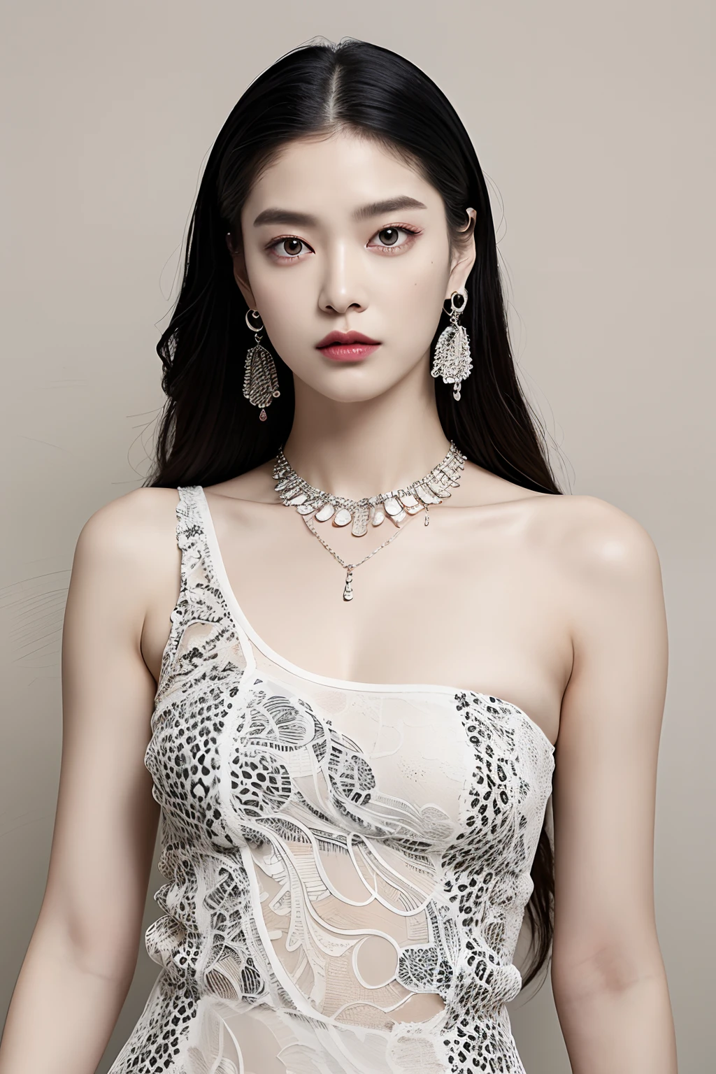 (extra detailed body、extra detailed face、best qualtiy:1.2)、femele、looking at the viewers、(Wacky fashion、Large shoulder-length piercings、a necklace、Iris color and clothes with strong contrast of black and white、asymmetry)、(Ivory wall)