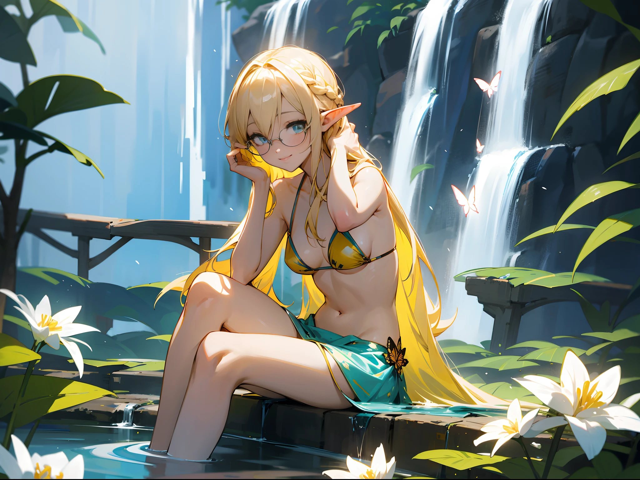 [Anime 1.5], [High Elf 1.5], Elf lady sitting in pond, butterfly, flowers, waterfall, white and blonde hair, glasses, 1girl, Elegant and beautiful, cute smile, highly detailed, perfect posture, no finger crossed, no crossed legs, bikini, yellow bikini, fixing hairs, hot, medium is premium, fixing hair, holding hair by hands, braiding hairs,