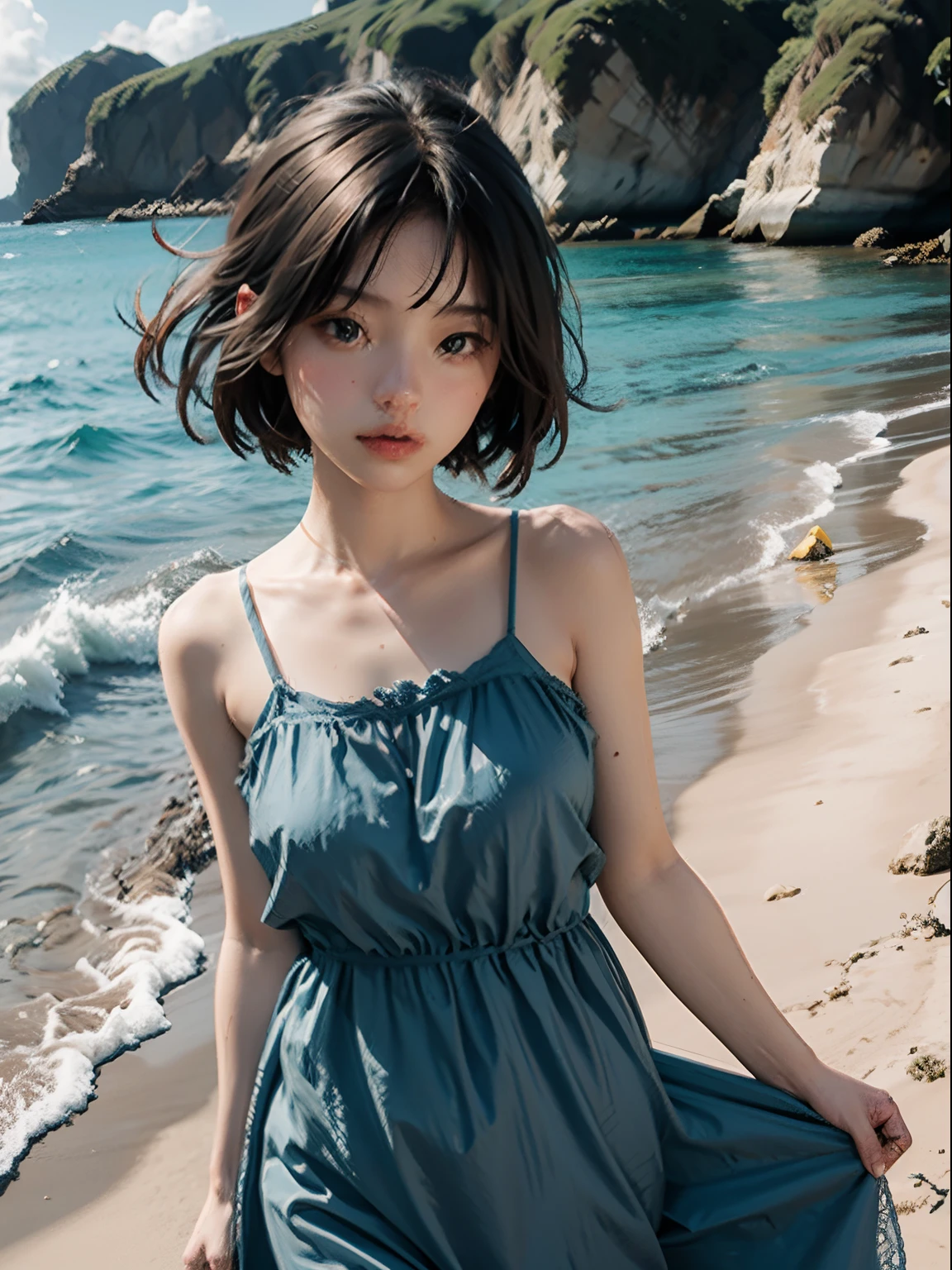 A girl, blue dress, Beach