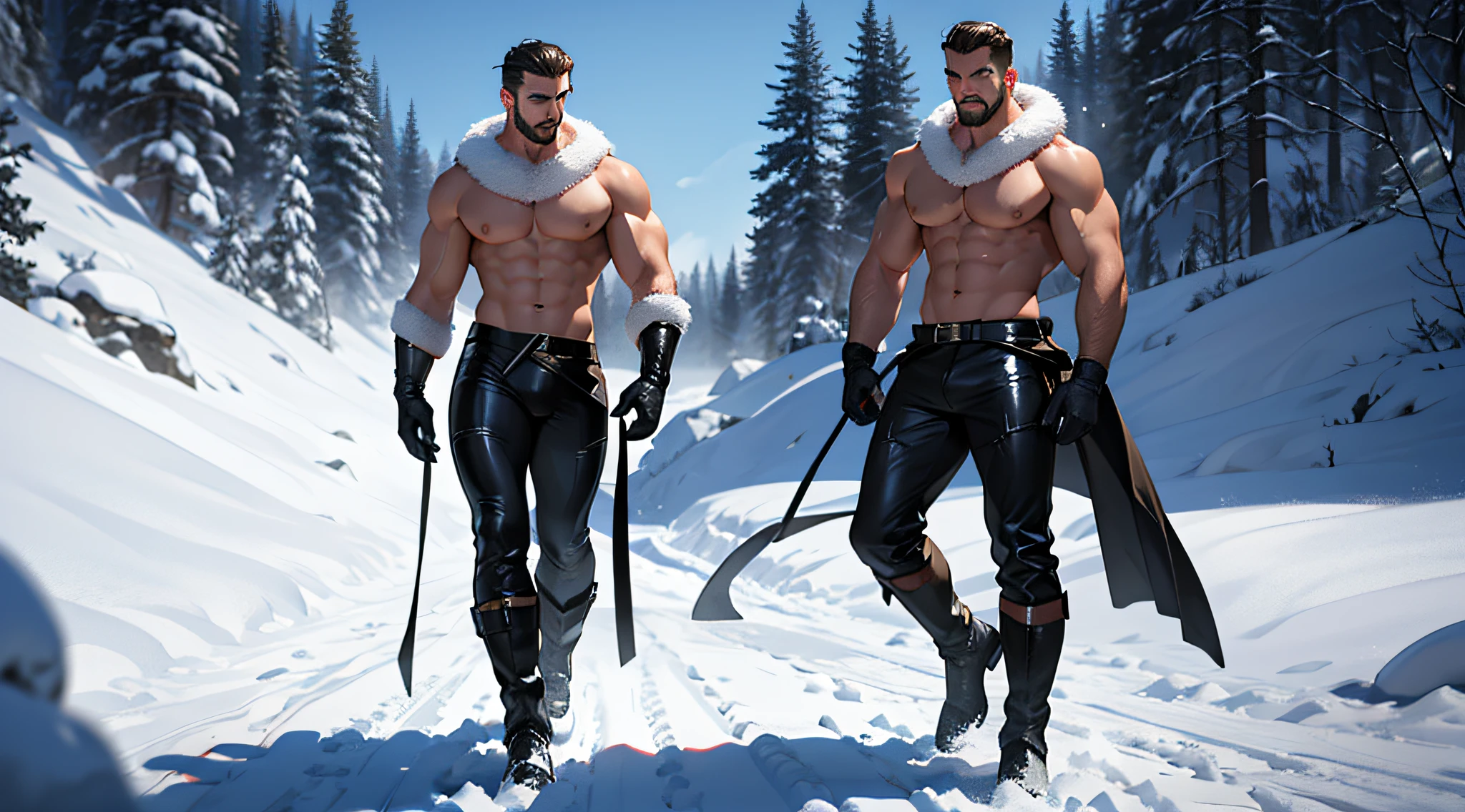 1 stocky shirtless Russian gay is standing with his legs and thighs opened and spread in the snow with wide landscape of snowfield , 1 man only, no other people, iceblocks and icelake and snow scene, he is wearing white fur gloves, fur woolen hat to cover snow , moustache, facial hair, white transparent thong bikini highlighting big bulge and big butts, wearing leather shiny long boots upto his knees and his fur lining, garter straps, Harness strap around his torso , nipple jewelry, masculine and stocky, shirtless, handsome face with detailed facial features, shirtless and wearing nothing, correct accurate male anatomy, big large erect pink , full body shoot, big pecs, big arms, wet oiled waxy shiny greasy muscles and skin, flawless white skin, masterpiece, professional DSLR shoot and retouching, illustration art, shadow, highlight, sharpness, depth of field, dessert and Russian snow field environment, sexy, hot gay erotic illustration art, sexy and hot