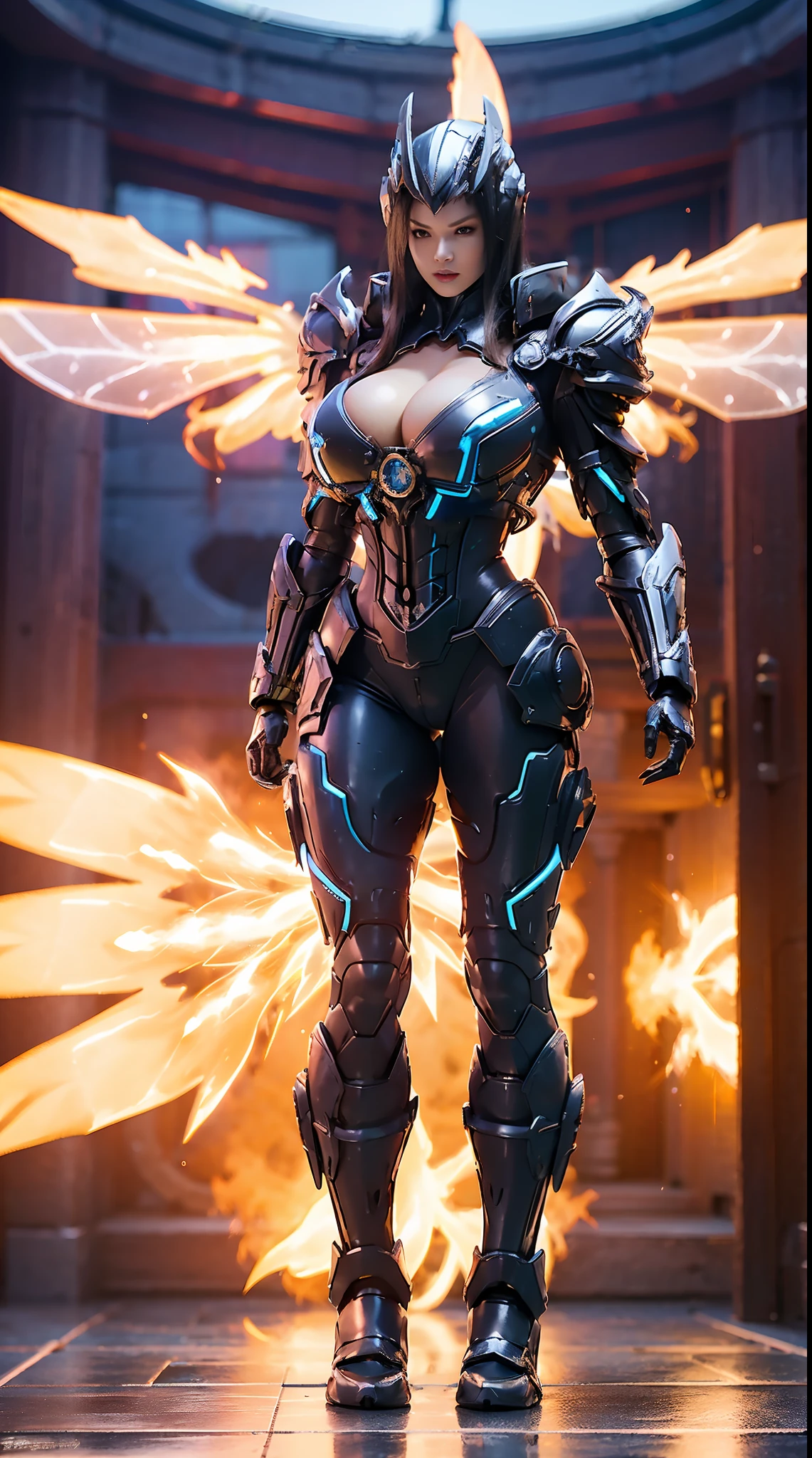 HUGE BOOBS, BLUE LIGHTNING DRAGON, (BLACK HAIR), MECHA ARMOR FULL SUIT, (CLEAVAGE), (A PAIR LARGEST WINGS), TRANSPARANT, TALL LEGS, STANDING, SEXY BODY, MUSCLE ABS.