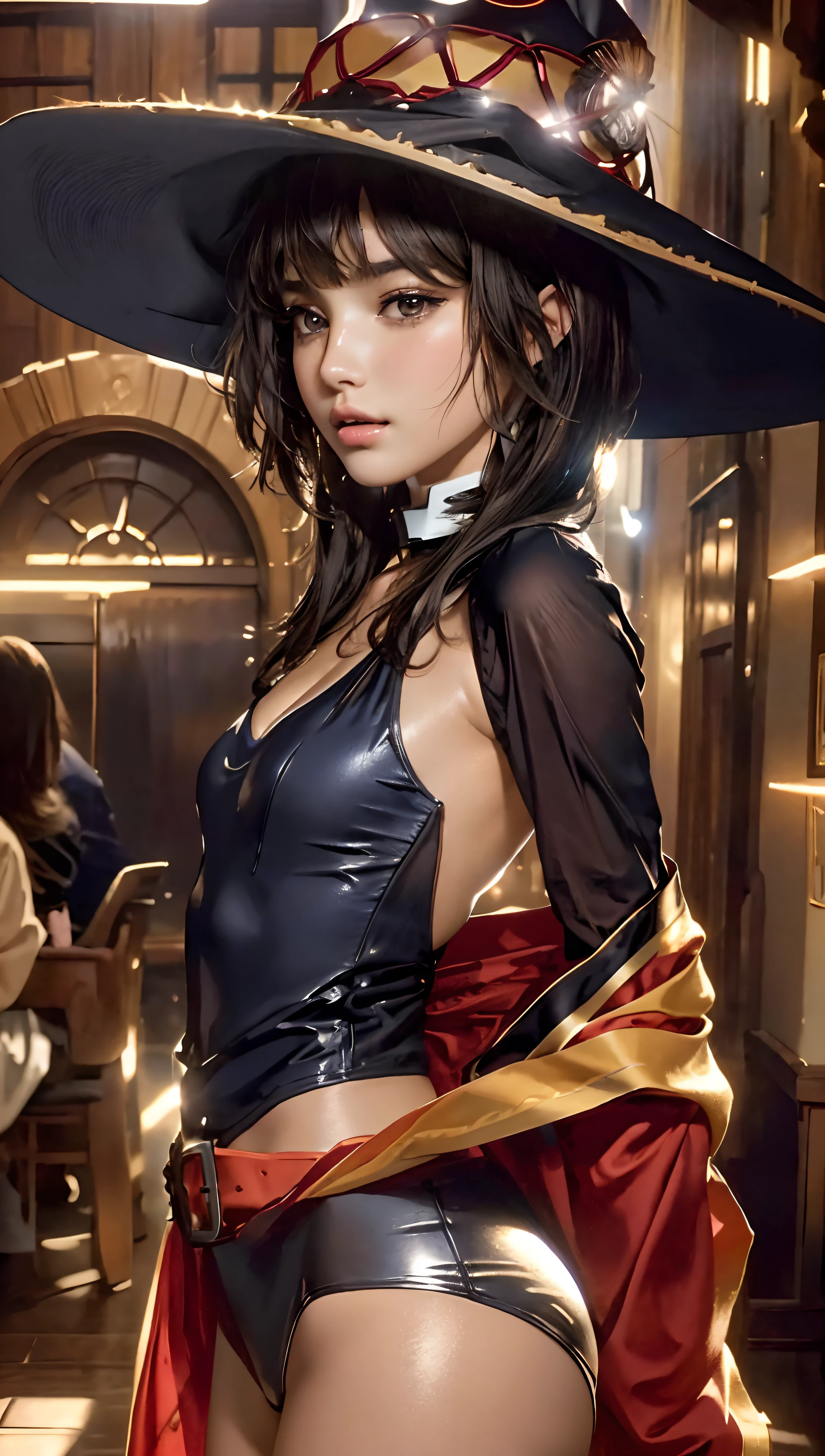 Best Quality, Masterpiece, Ultra High Resolution, (Photorealistic: 1.4), 8K Raw Photo, (Fractal Art: 1.4), Dramatic Lighting, Dynamic Lighting, Professional Lighting, Cinematic Lighting, Highly Detailed, Official Artwork, Flawless, Sharp Focus, depth of field, exquisite details and textures, delicate and beautiful, lens flare, absurd, ray tracing, immersive atmosphere, (knee-length shot: 1.3) 1girl, an attractive young woman, woman, sexy and attractive, supermodel, goddess aura, realistic hair, detailed hair, hair blowing, seductive expression, full of stimulation expression, moan, shy, look at viewer, happy, glowing skin, finely detailed skin, clavicle, ( pert natural breasts : 1.2), (small breasts: 1.2), perfect round ass, (beautiful and aesthetic: 1.2), slim waist, beautiful detailed thigh, (perfect female figure), (symmetrical body shape), long legs, (((Megumin, cowboy shot))), (dynamic angle: 1.2), (third_composition rule: 1.2), (detailed face: 1.2) ), (detailed eyes: 1.2), (detailed background), (realistic:1.2), (realism), (masterpiece:1.2), (ultra detailed), (best quality), intricate, cinematic lighting, cinematic comprehensive, portrait photography, magic photography,