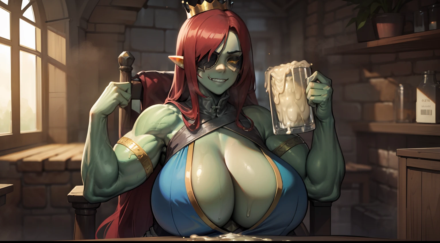 1girl,solo,yellow eyes,red hair, orc,orc girl,colored skin,green skin,huge breasts,crown,sitting, throne, ,armor, breastplate,eyepatch, smirk, muscular female,cum mug,cum in glass,indoors,traven,table, Gokkun